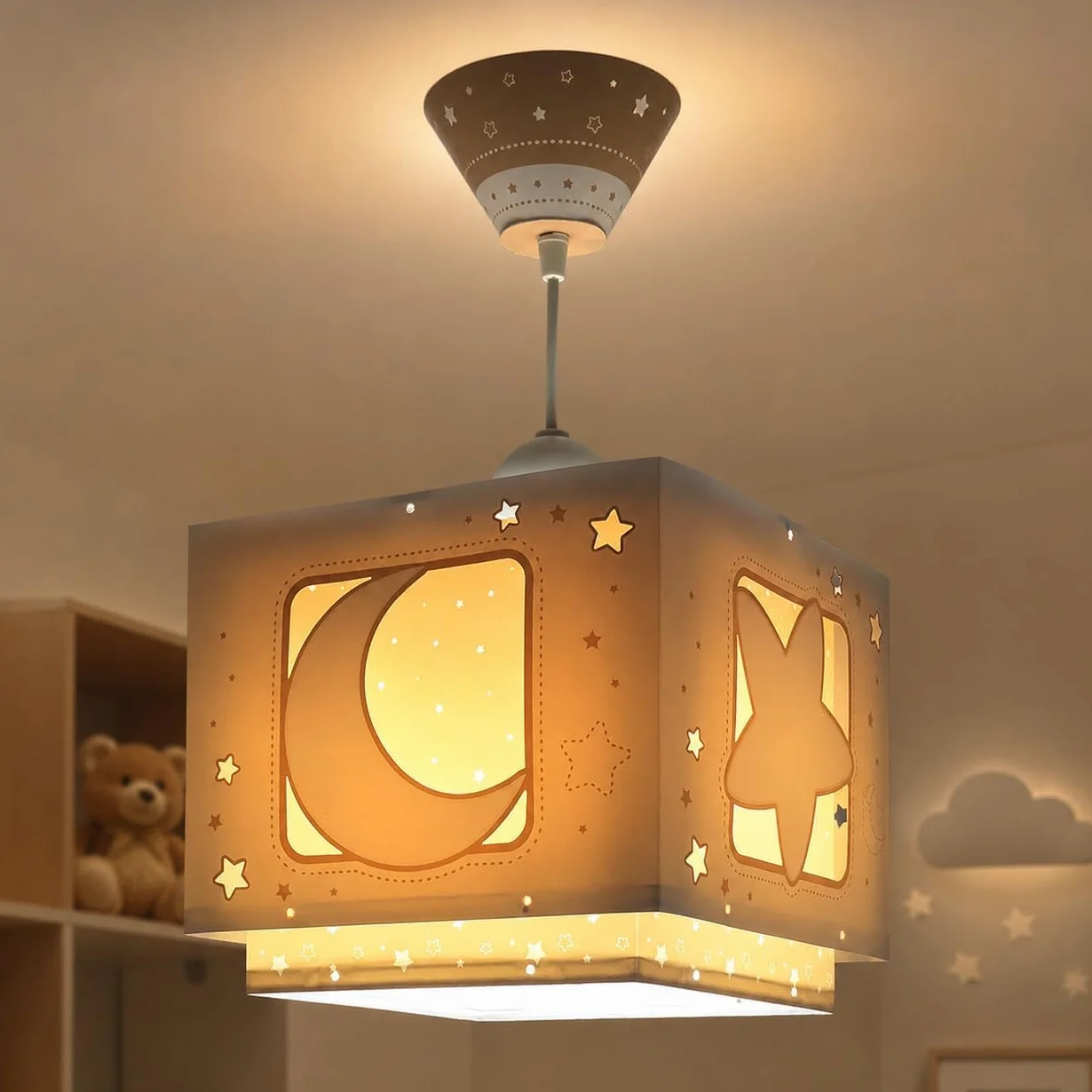 Dalber Lustre Chambre Lampe Suspension Plafonnier Enfants Moonlight Lune Étoiles Beige E27