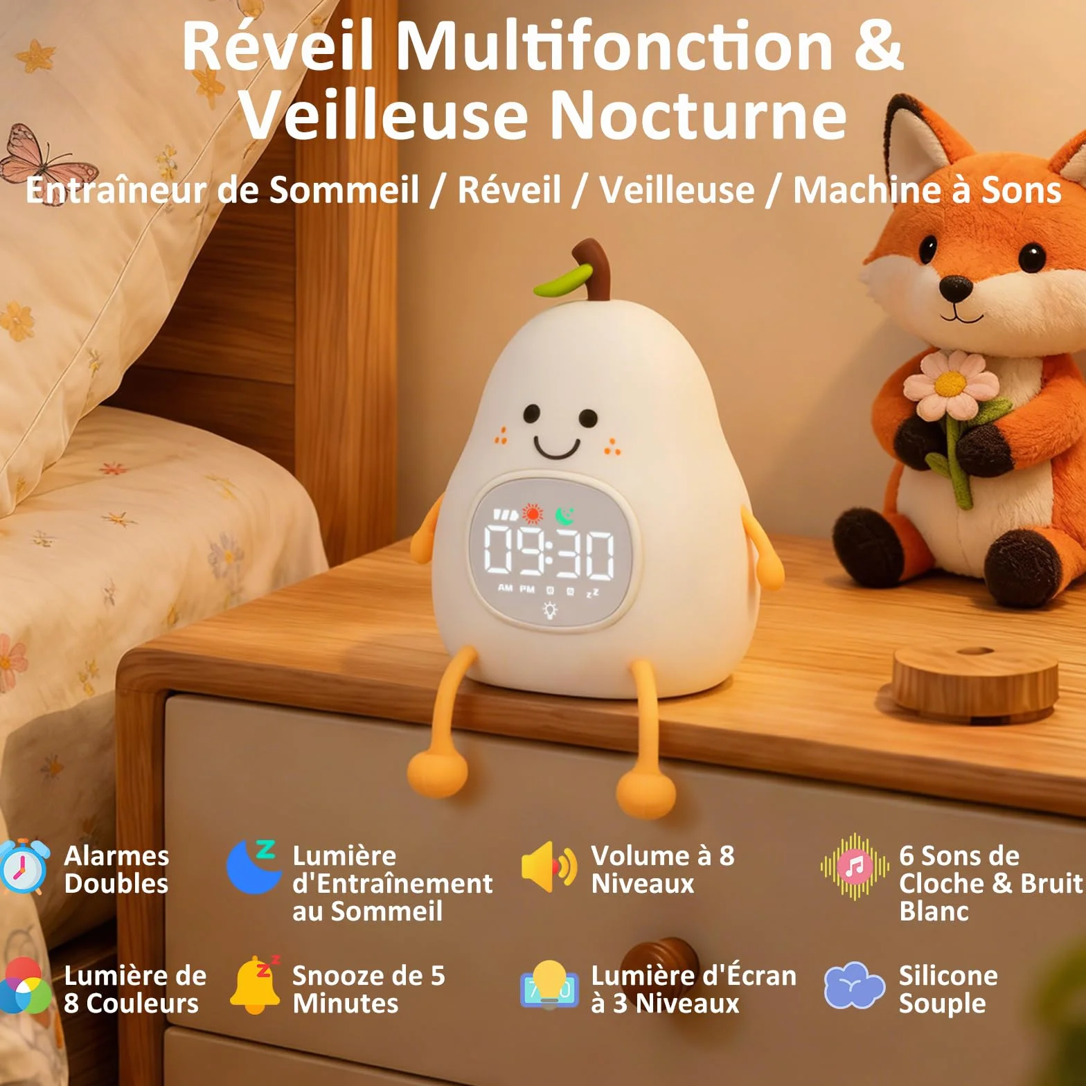 Réveil Enfant Éducatif Jour/Nuit Lumineux en Silicone avec Veilleuse