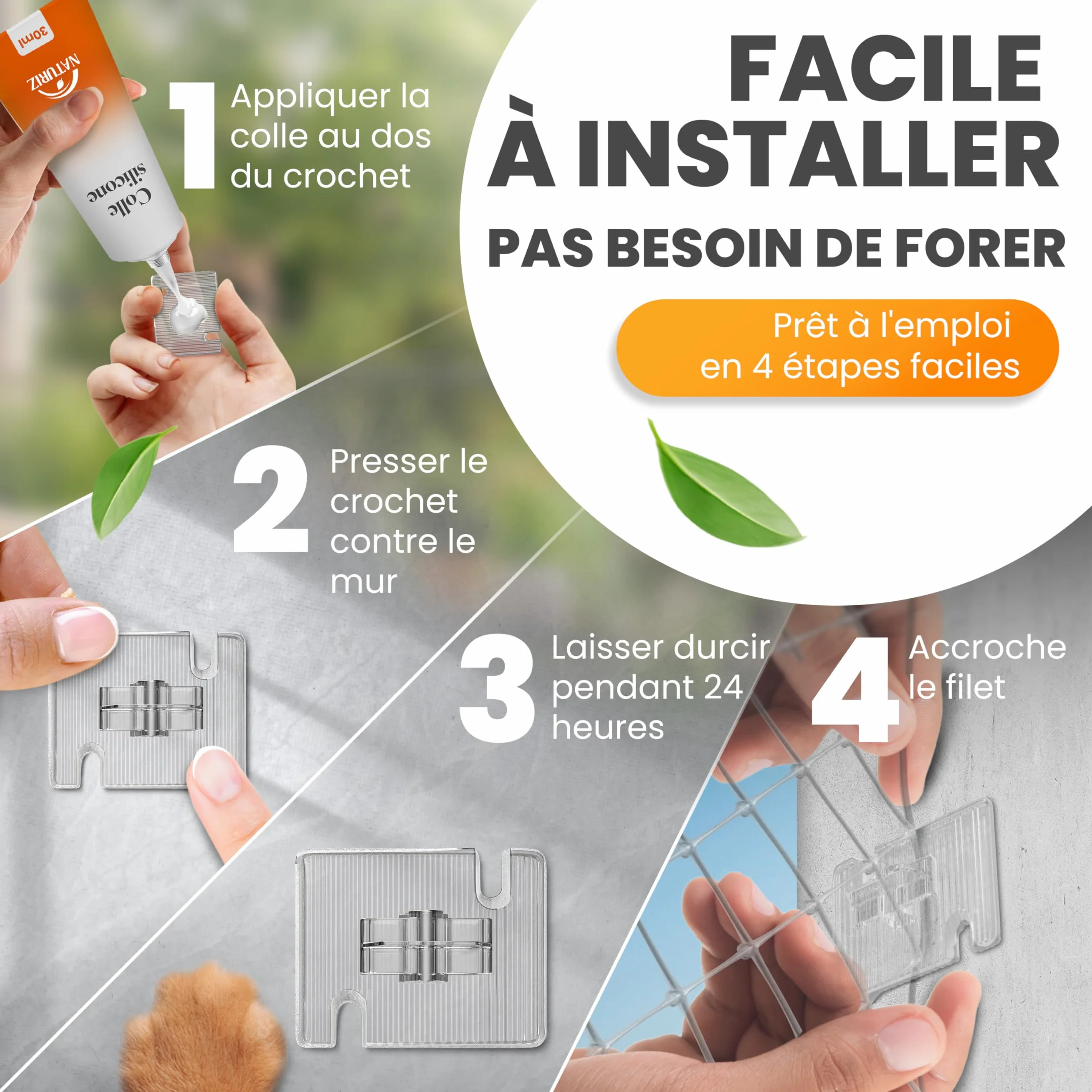 Naturiz Filet de protection pour chat pour balcon sans perçage avec crochets adhésifs et silicone - Filet transparent