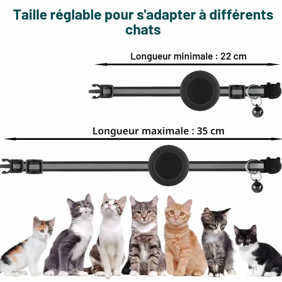Collier Chat Airtag Anti-étranglement avec Protecteur et Cloche, Large 1 cm, Léger, Noir