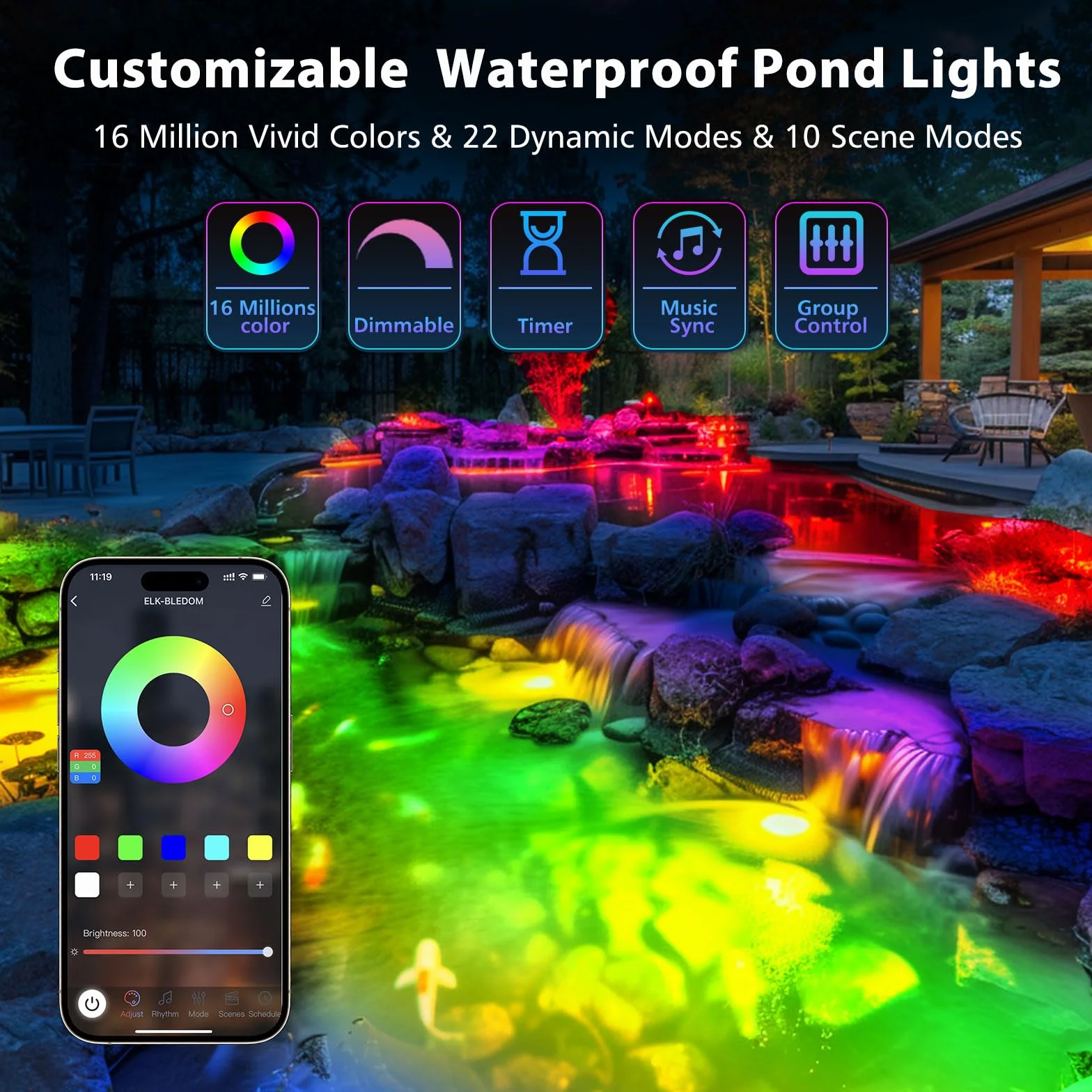 Eclairage Bassin de Jardin 6W SS316 RGB Lampe Submersible IP68 avec Contrôle APP Transformateur 12V Set 2