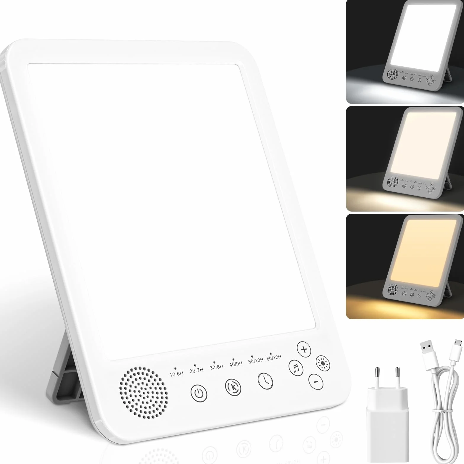 Lampe de luminothérapie 10000 Lux Sans UV Simulation de Lumière du jour avec Bruit Blanc, 3 Températures de Couleur, 5 Niveaux de Luminosité, 6 Minuterie, Fonction de Mémoire, Mode de Réveil