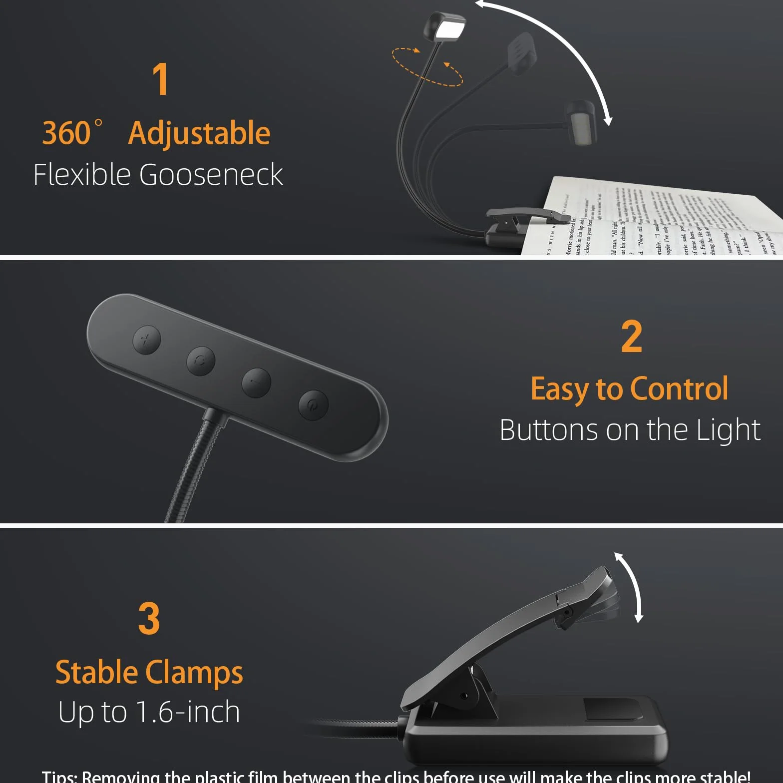 iFalarila Lampe de Lecture Rechargeable avec Câble Type-C, Liseuse Lampe Clip 3 Couleurs 10 Luminosités Mini Veilleuse Flexible Col de Cygne Pince