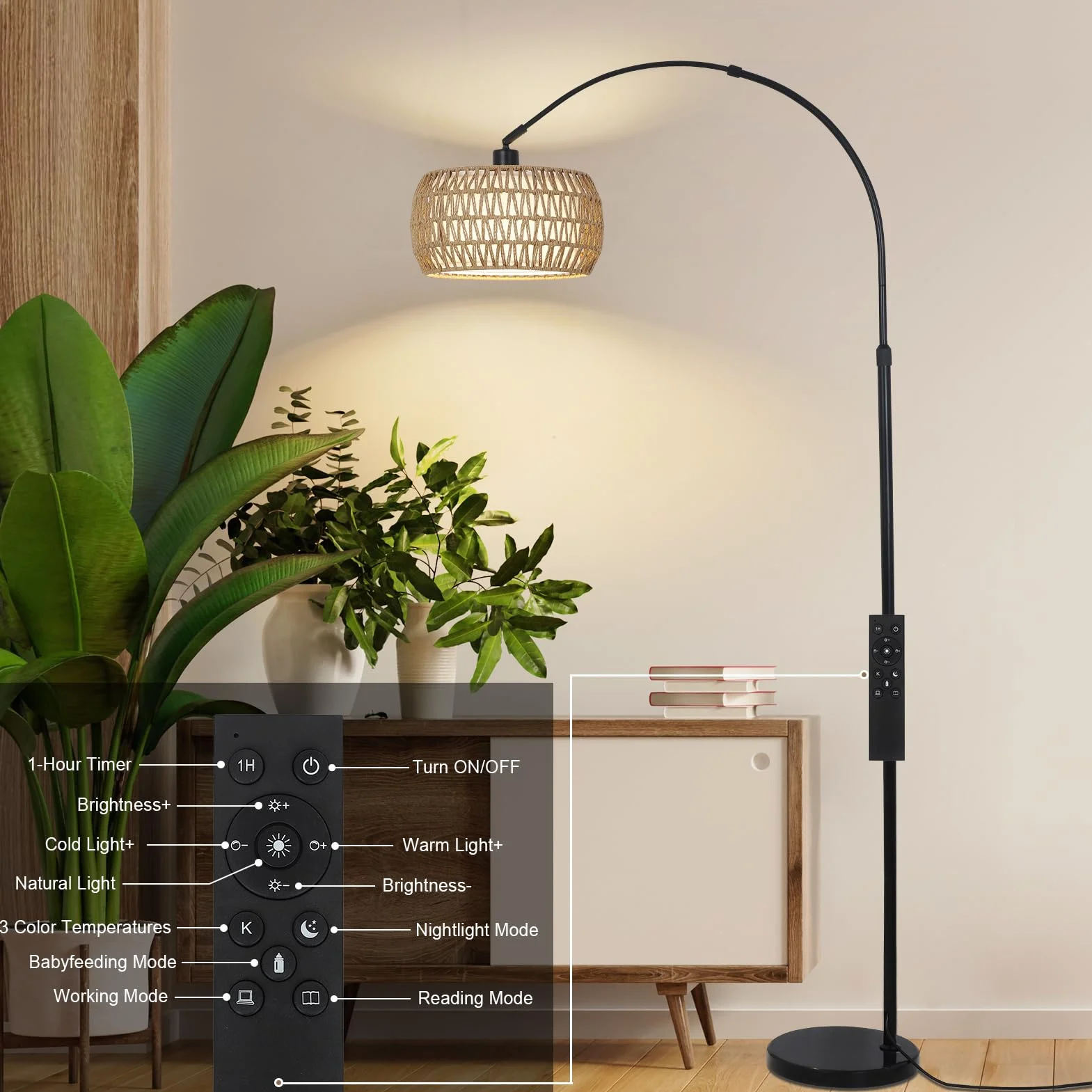 Rayofly Lampe à Arc Vintage avec Abat-Jour en Rotin, Télécommande et Ampoule LED, Contrôle par Application