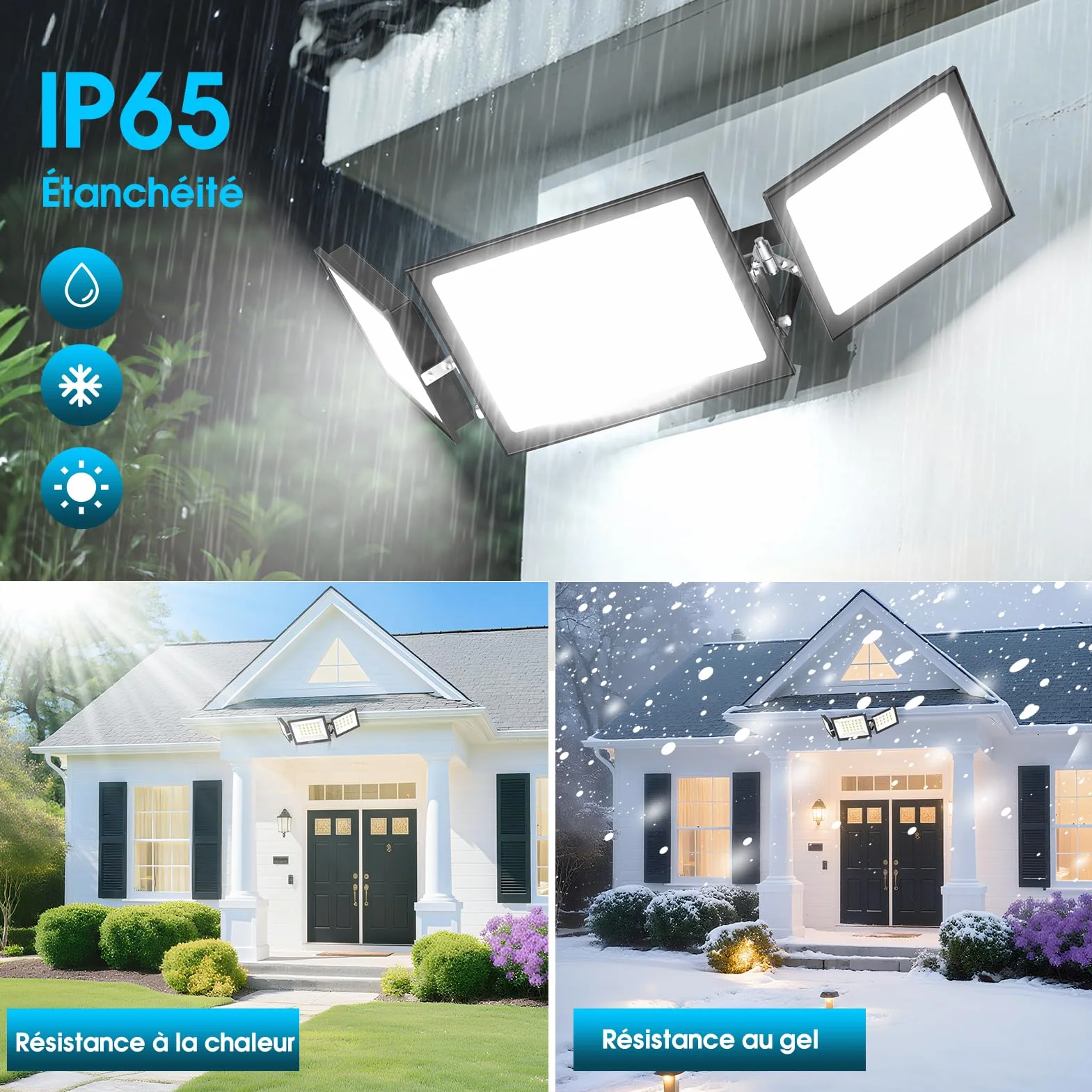Projecteur LED Extérieur 200W 20000LM 6500K IP65 3 Têtes Réglables