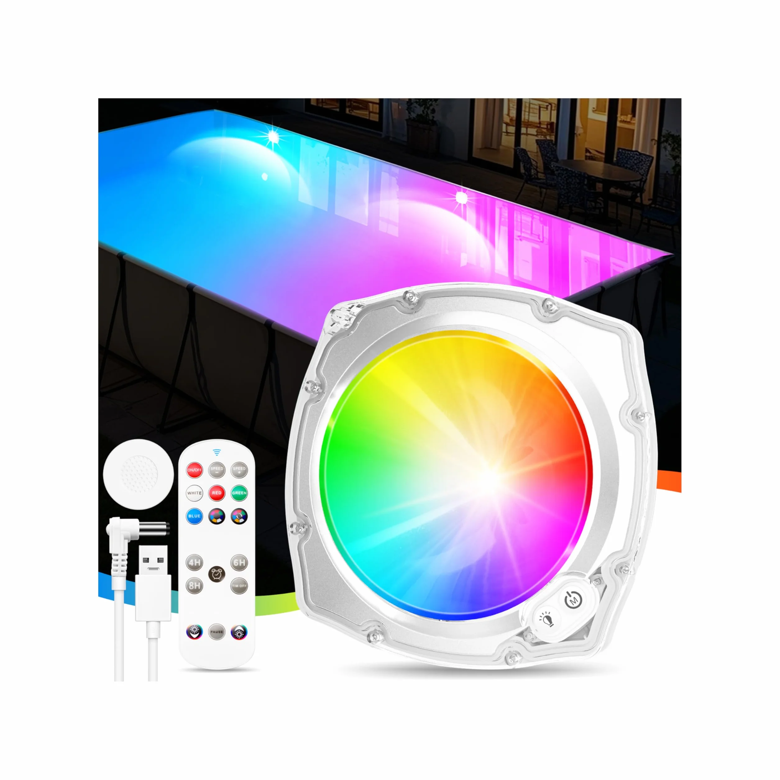 DeeprBetter Lumiere Piscine Hors Sol LED avec Télécommande, Rechargeable, IP68, 9 Modes