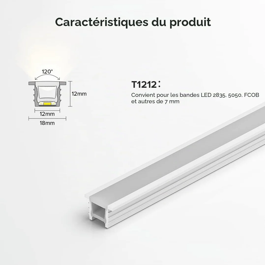 Profil LED Silicone T1212 3M IP67 Étanche 12x12mm 120° pour Bande LED Flexible 5-7mm
