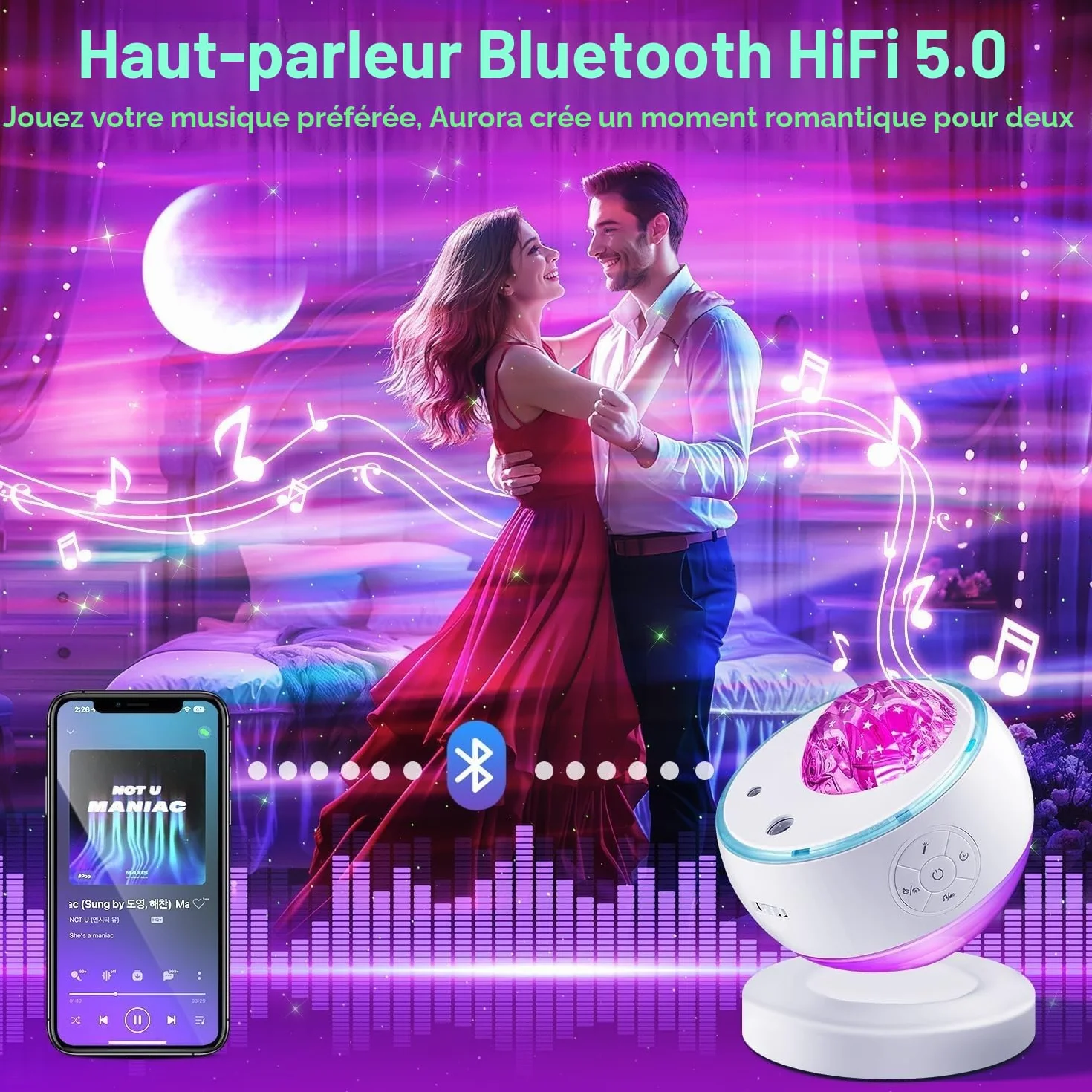 One Fire Projecteur Ciel Étoilé 300 Modes Galaxie Lampe Aurore Boréale Bluetooth Bruit Blanc LED Chambre Veilleuse