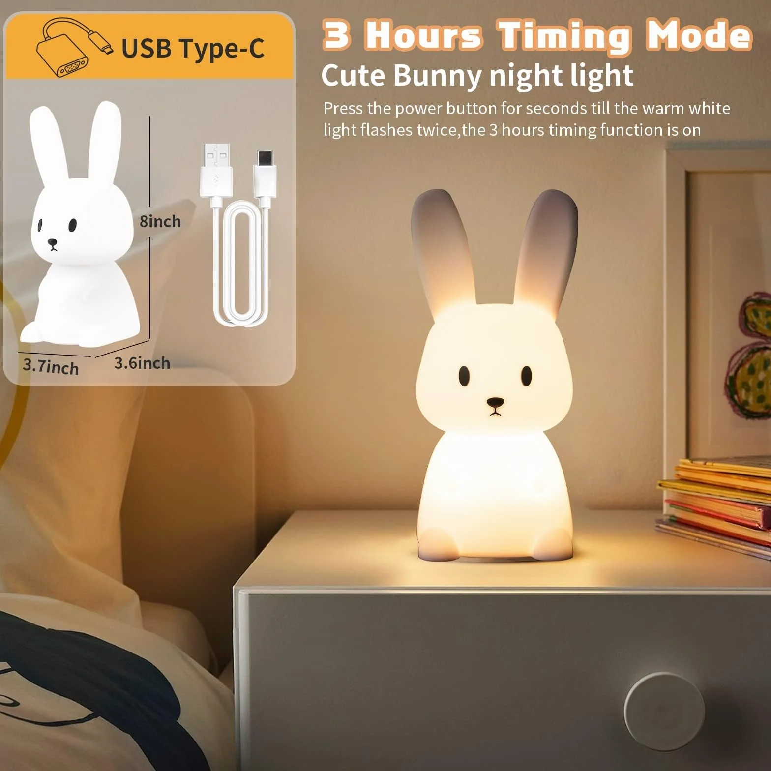 SOLIDEE Veilleuse Bebe Bunny 7 Changements de Lumière Recharge USB Minuterie Lampe de Chevet Silicone Enfant