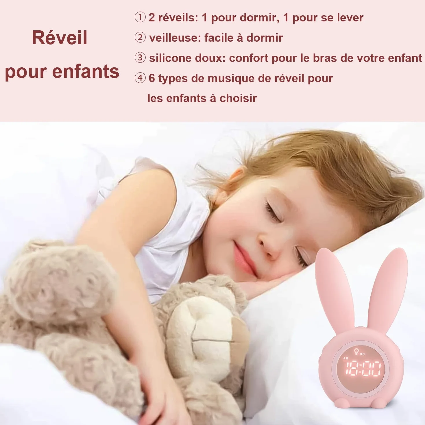 YONGYAO Réveil pour Enfants Lapin Lumineux avec Fonction Snooze, Installation Aimantée, Rose