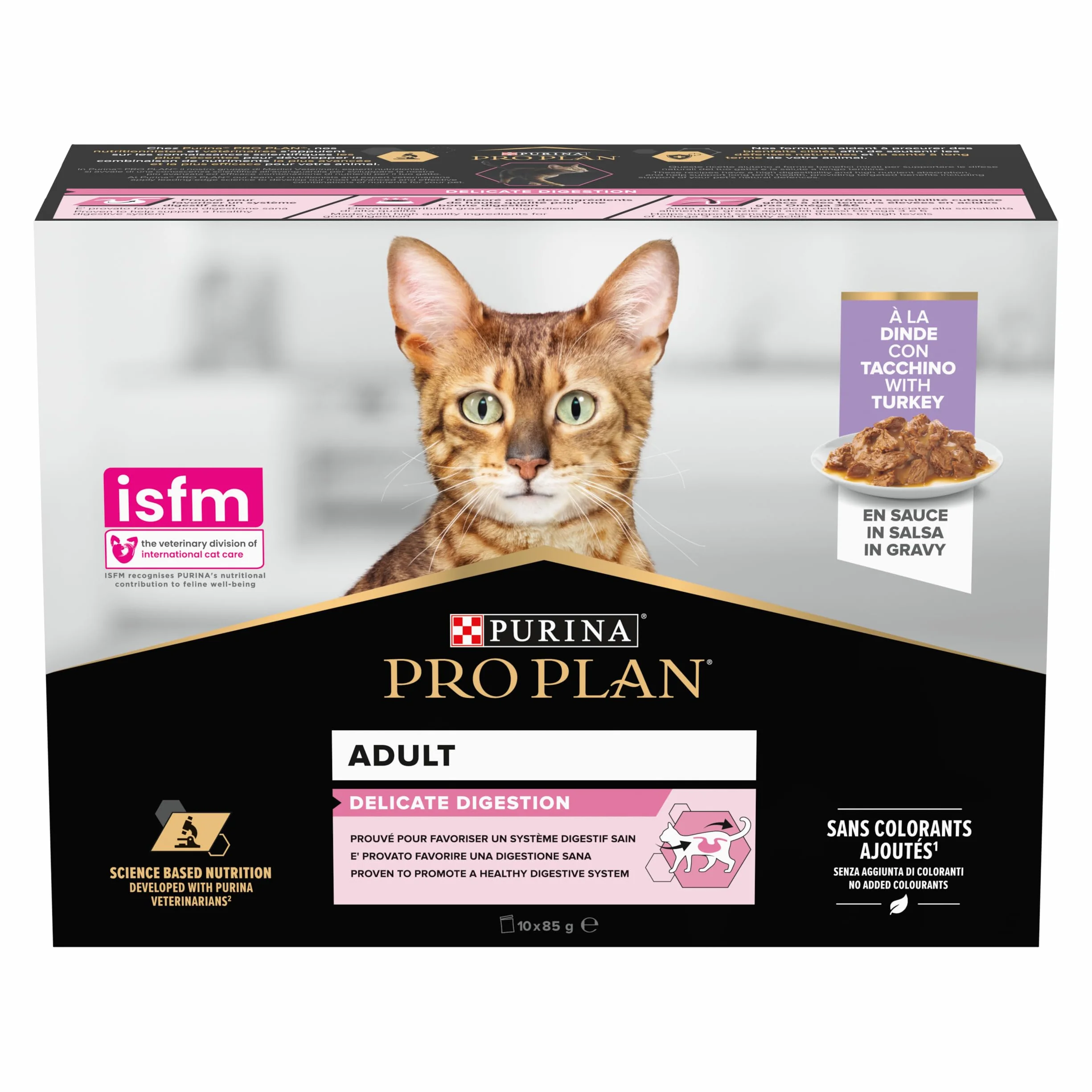 PURINA PRO PLAN Aliment Complet pour Chat Adulte DELICATE DIGESTION Effilés en Sauce à la Dinde 10x85g