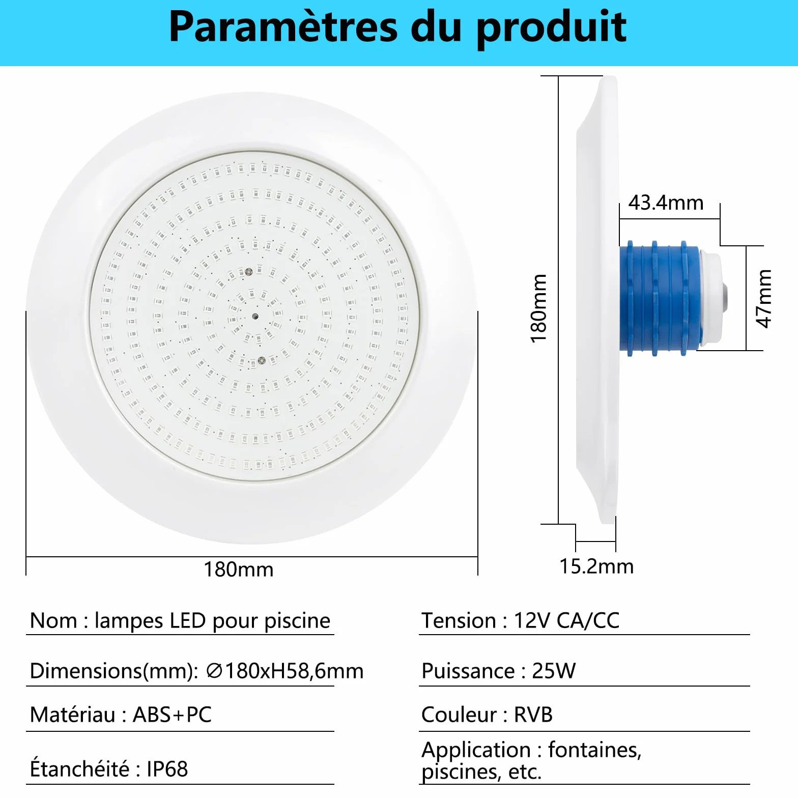 COOLWEST Projecteur Piscine LED RGB 25W 12V AC/DC IP68 Ø180mm Filetage 1 1/2"