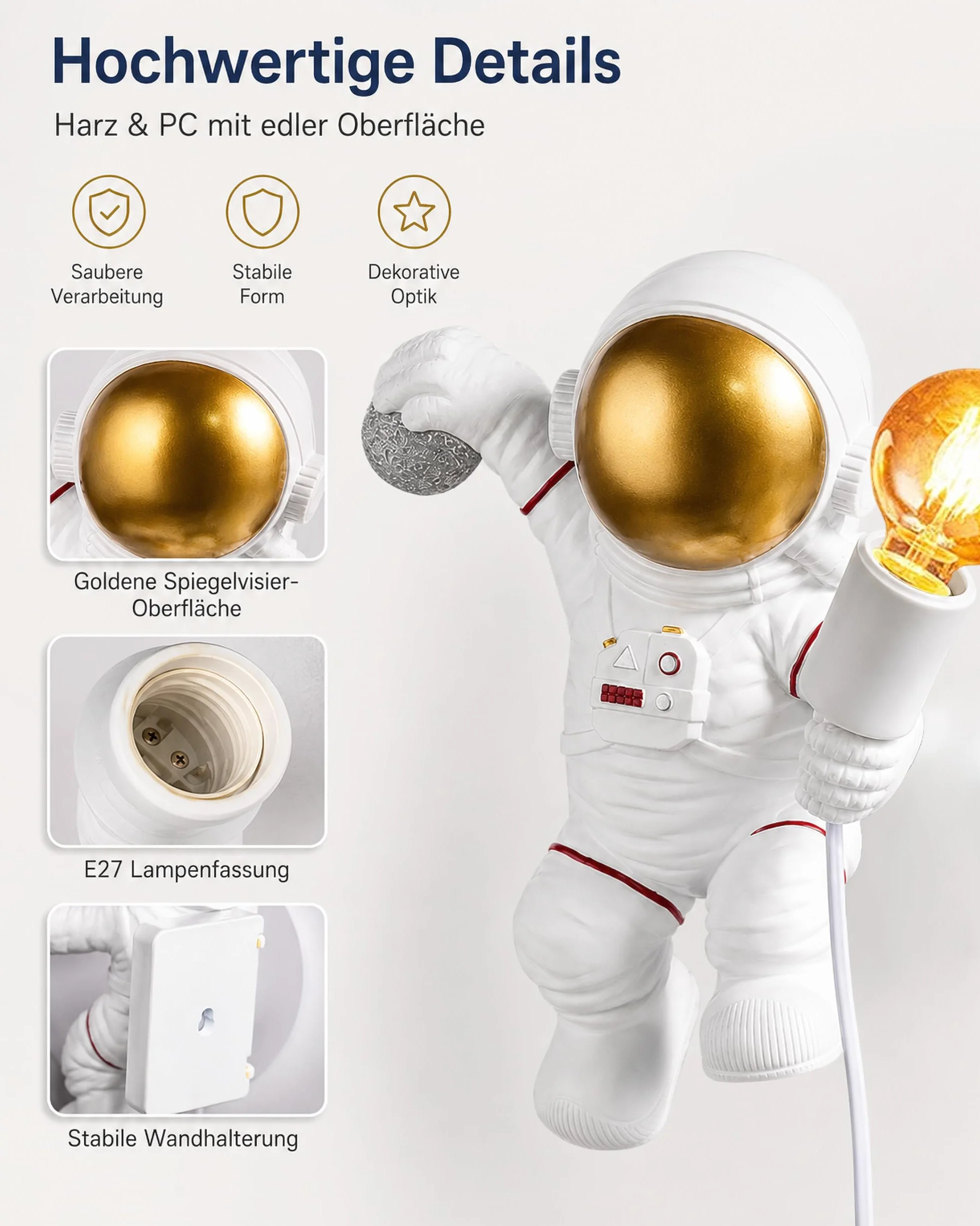ACMHNC Applique Murale Enfant avec Interrupteur E27 Astronaute Lampe Murale Prise Câble 1,5 M Blanc