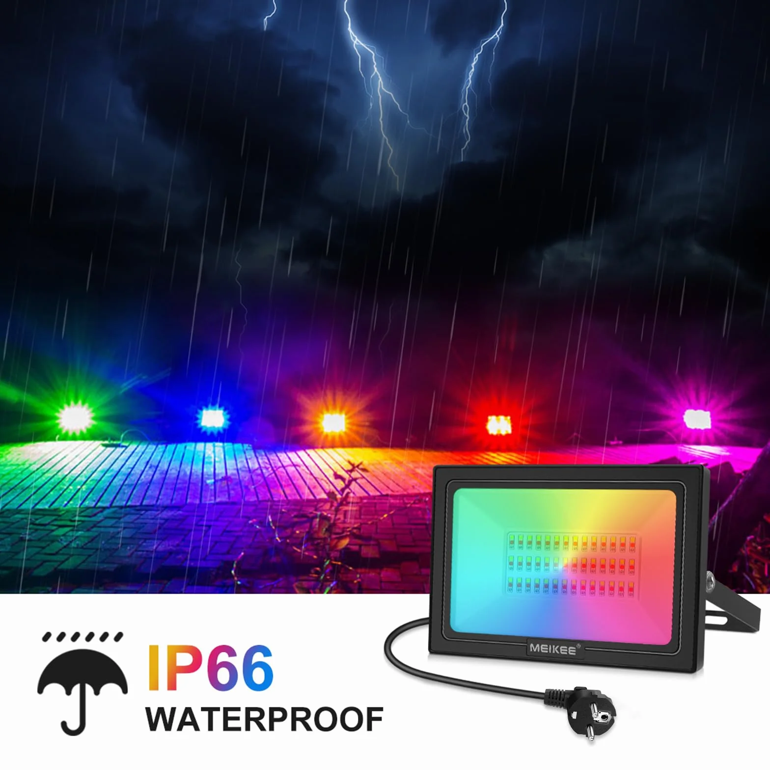 Projecteur LED RGB Exterieur 60W IP66 MEIKEE 10 Couleurs 12 Modes avec Télécommande