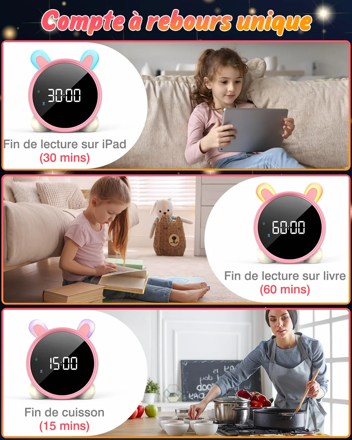 LEMNOI Réveil Educatif Jour Nuit Enfant Chatte LED Lampe de Chevet avec Musique Double Alarme Température Fonction Snooze Lapin