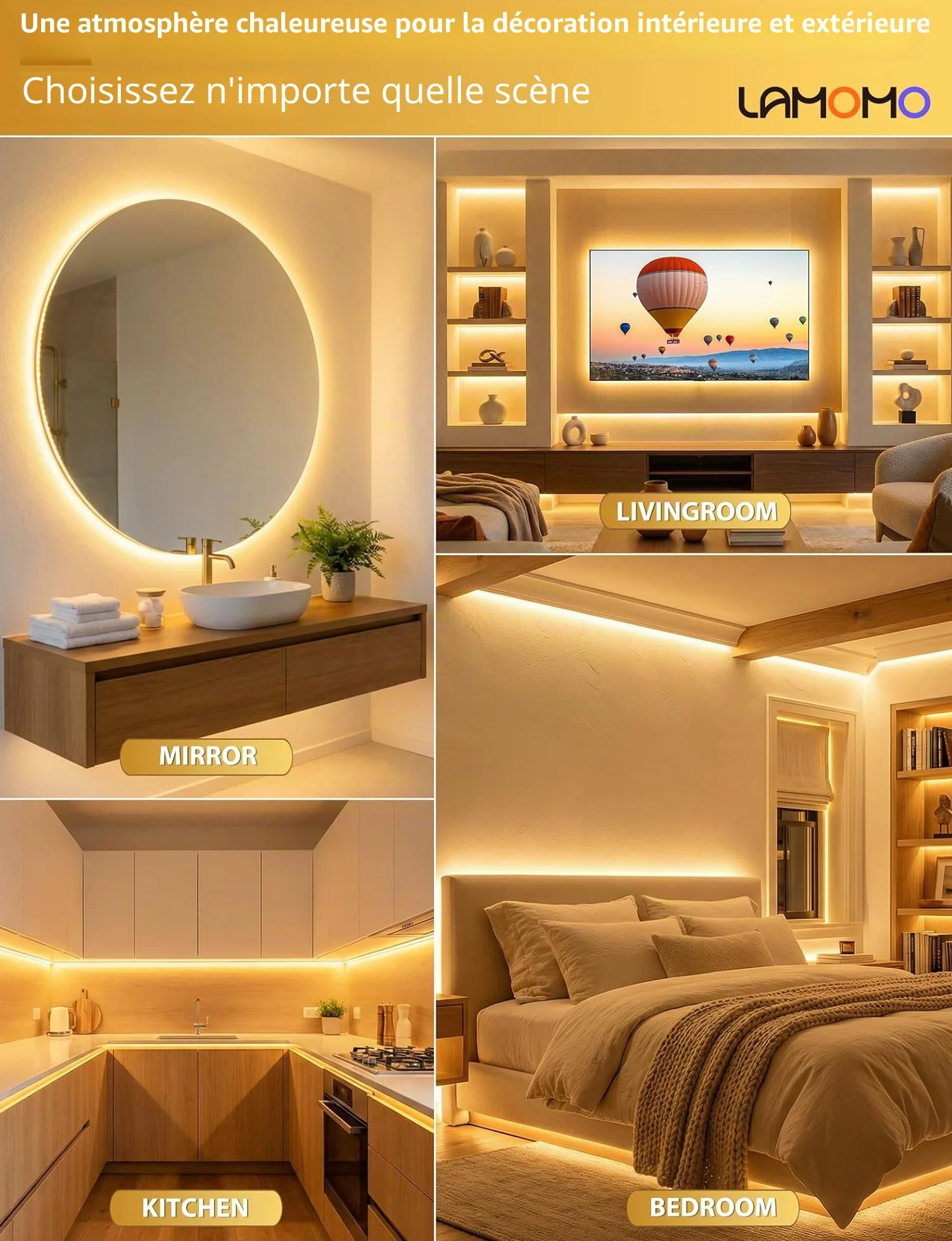 Lamomo Ruban LED COB Blanc Chaud 5M Bandeau LED IP65 Étanche Flexible 3000K 10mm Dimmable Silicone Découpable 24V Néon Strip