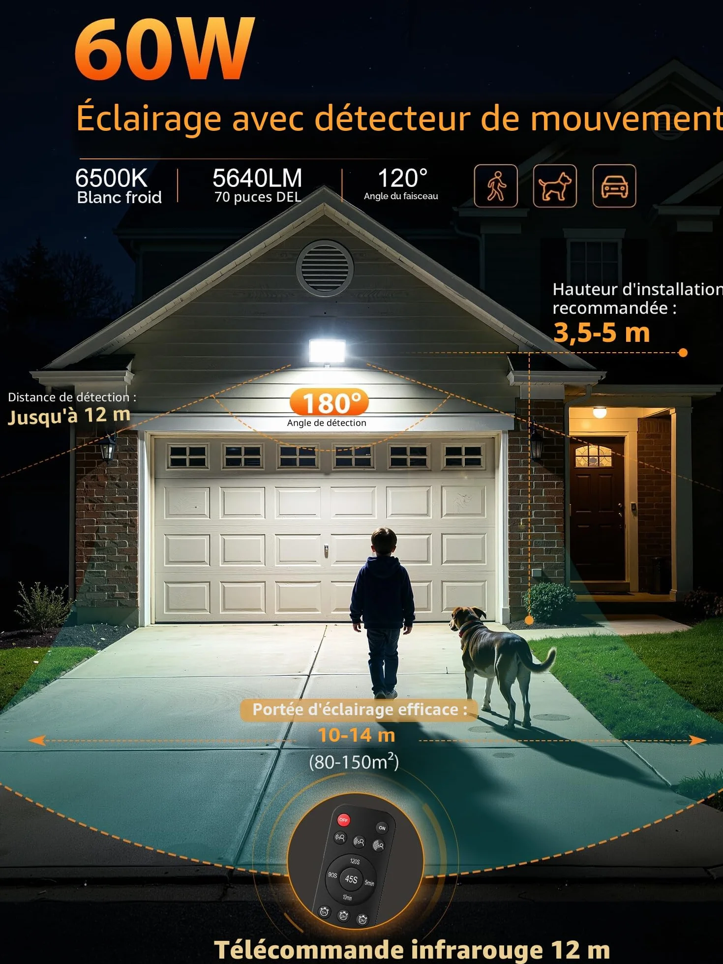 MEIKEE Projecteur LED Extérieur 60W 5640LM 6500K Blanc Froid Détecteur de Mouvement IP66 Étanche Télécommande 4 Modes