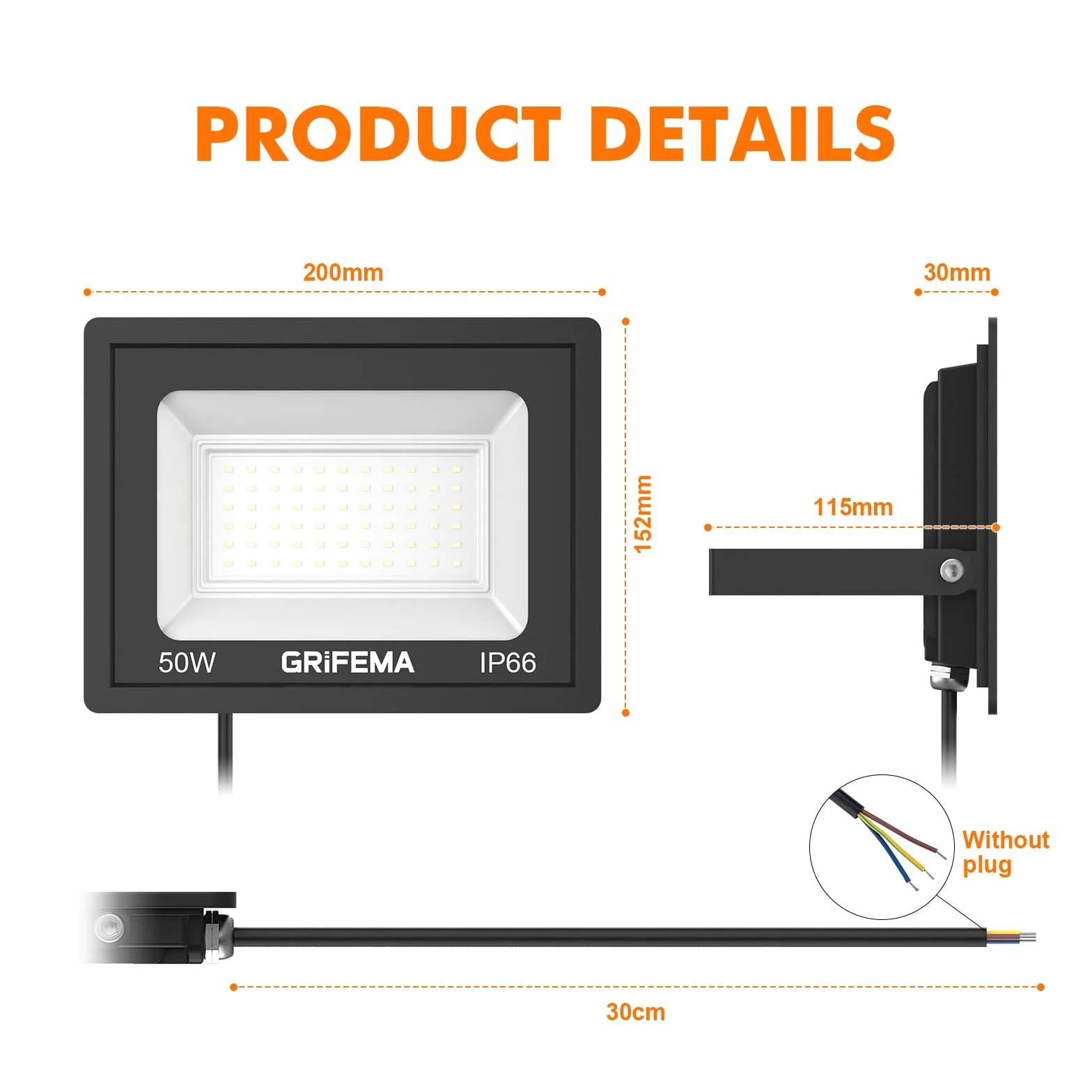 GRIFEMA Projecteur LED Extérieur 50W 5500LM 6500K Blanc Froid IP66 Étanche