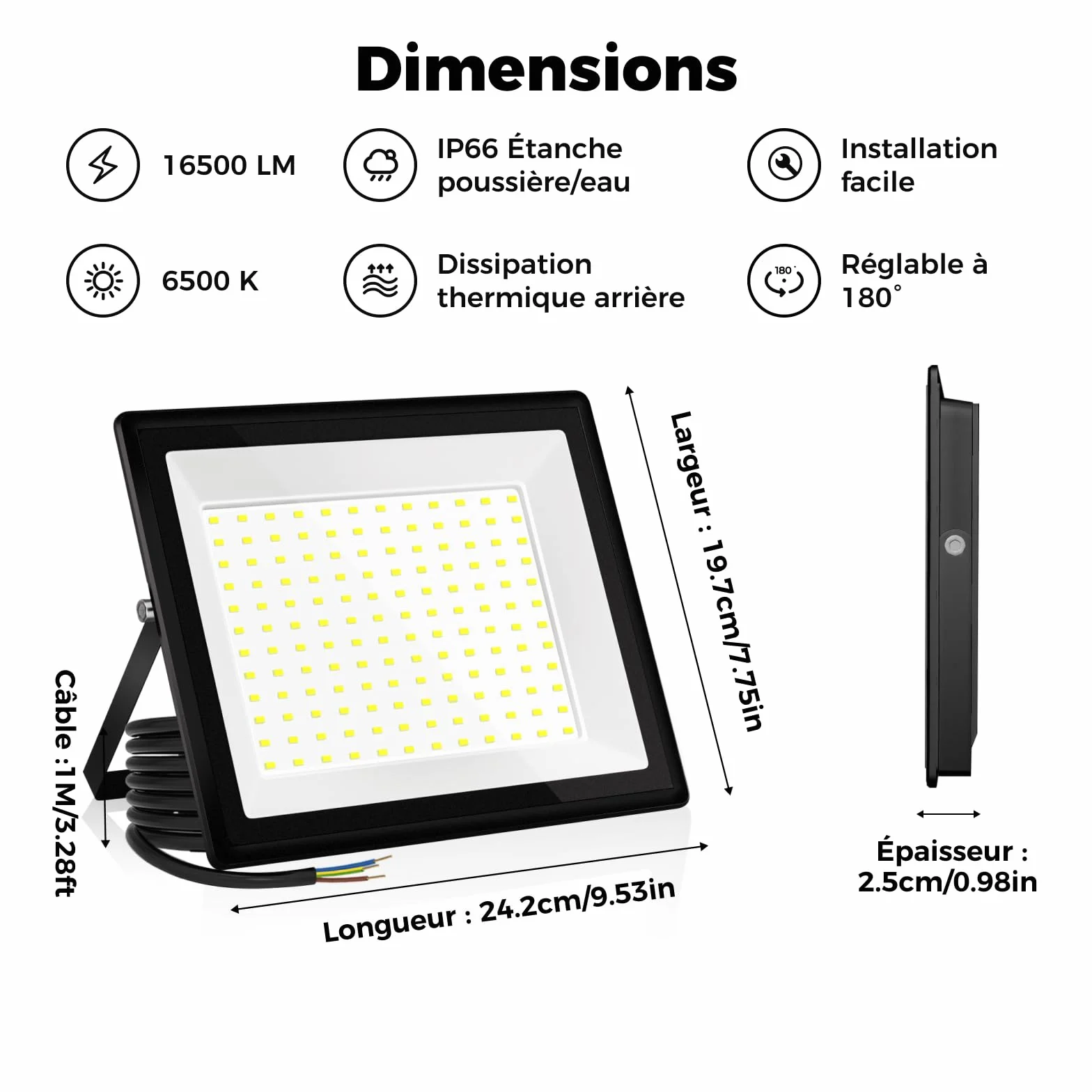 Projecteur LED extérieur 150W 16500LM 6500K IP66 Blanc Jour Étanche 2 pcs