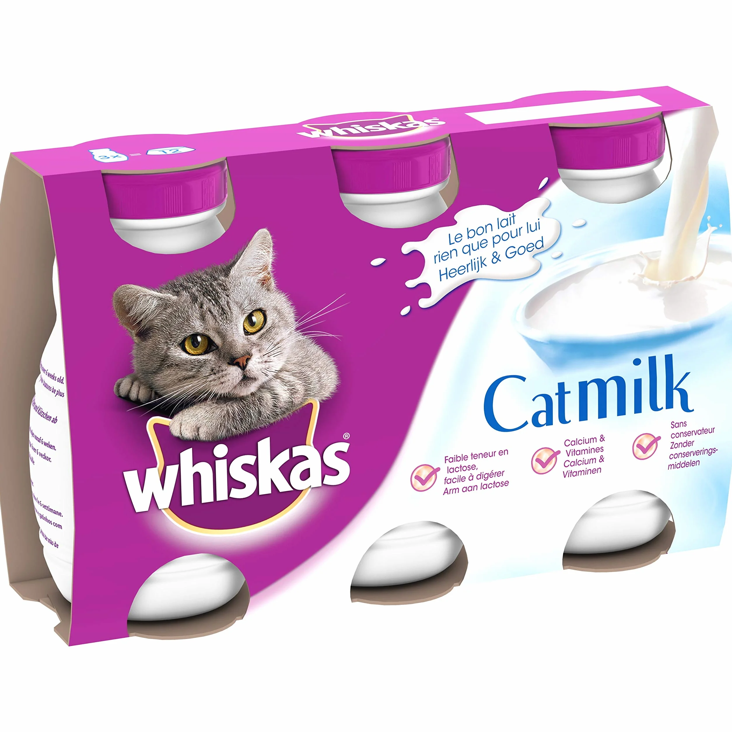 WHISKAS Lait pour Chat et Chaton à Faible Teneur en Lactose - 15 Bouteilles - Facile à Digérer - Calcium & Vitamines