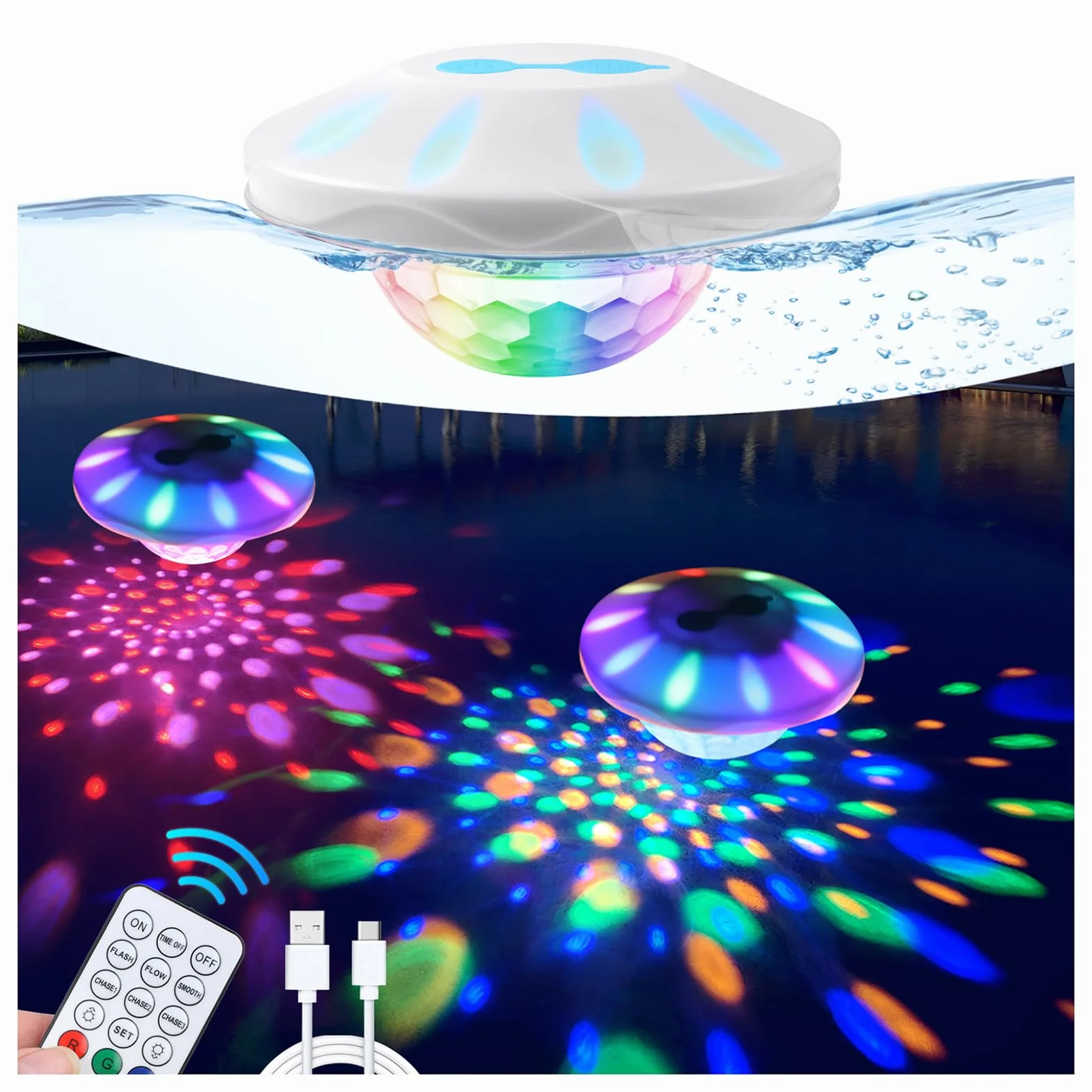TEPENAR Lampe de piscine flottante IP68 7 modes rechargeable Éclairage disco spa LED étanche 1 pièce