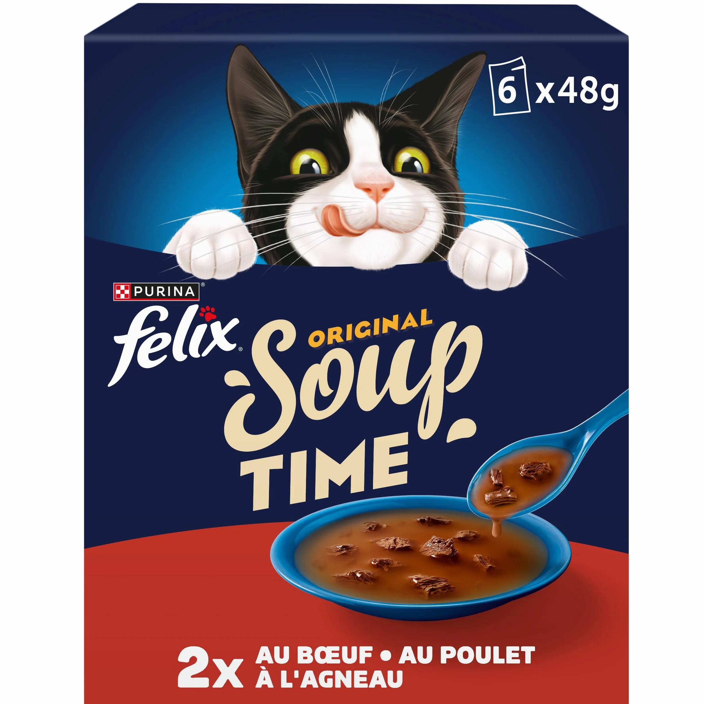 FELIX Soup Original Soupes en sachets pour Chat Adulte Aliment Humide Au Boeuf Poulet et Agneau Lot de 8 (6 x 48g)
