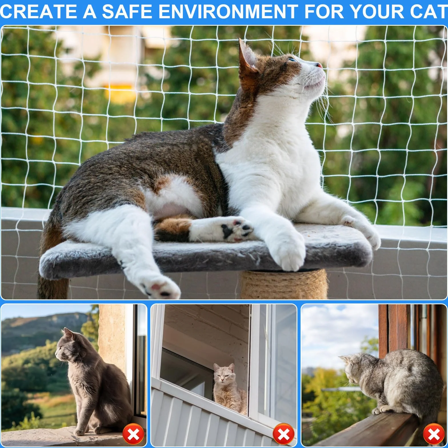 Filet de Protection Chat Transparent 4x3m Anti-Oiseaux 2,5cm Balcon sans Perçage avec Corde Fixe (Blanc)