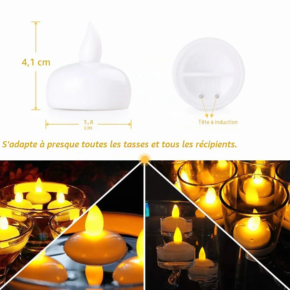 Bougie Flottante Sans Flammes 12 LED, Batterie Étanche, Lumière Vacillante pour Mariage, Fête, Centre de Table (Blanc Chaud)