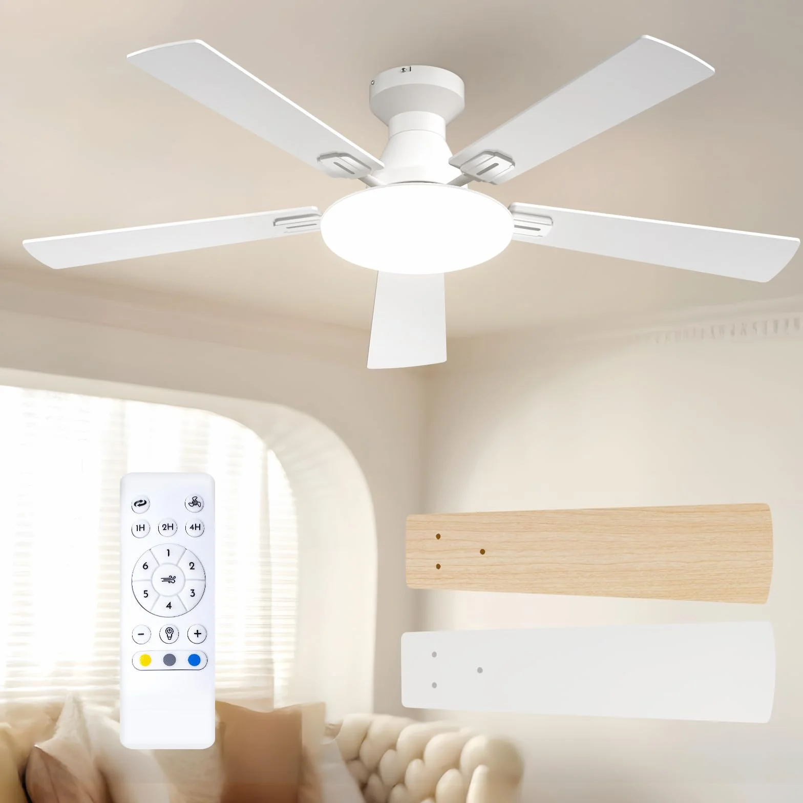 Ventilateur de plafond Passky 132 cm avec éclairage télécommande moteur CC silencieux 5 pales 6 vitesses 3 températures de couleur minuterie blanc