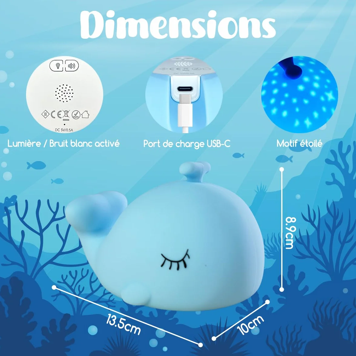 Veilleuse Bébé Bruit Blanc Rechargeable Silicone Baleine Lampe Chevet RGB 6 Couleurs 5 Sons Naturels