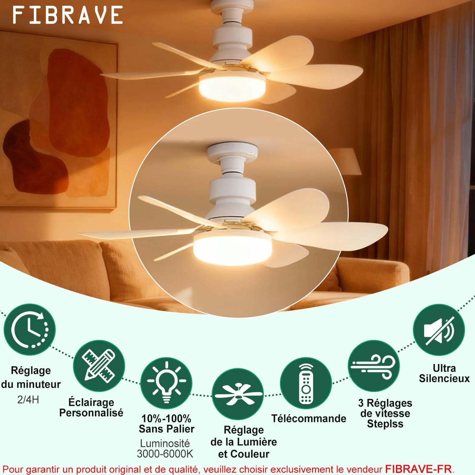 Ventilateur de Plafond avec Lumière Télécommande 52CM 30W 1800 Lumen 3000-6500K 3 Couleurs 3 Vitesses E27 Blanc