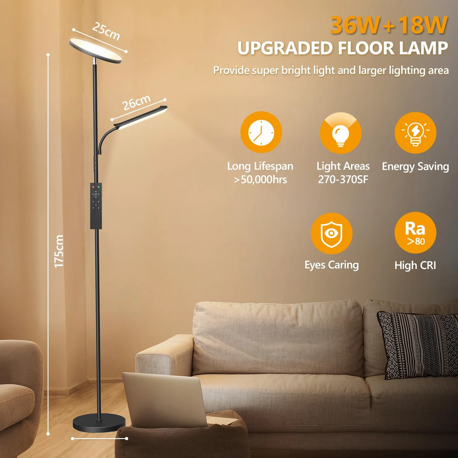 42W LED Lampadaire Dimmable 4000LM Super Lumineux Pied Salon avec Liseuse 2700K-6500K Télécommande Contrôle Tactile