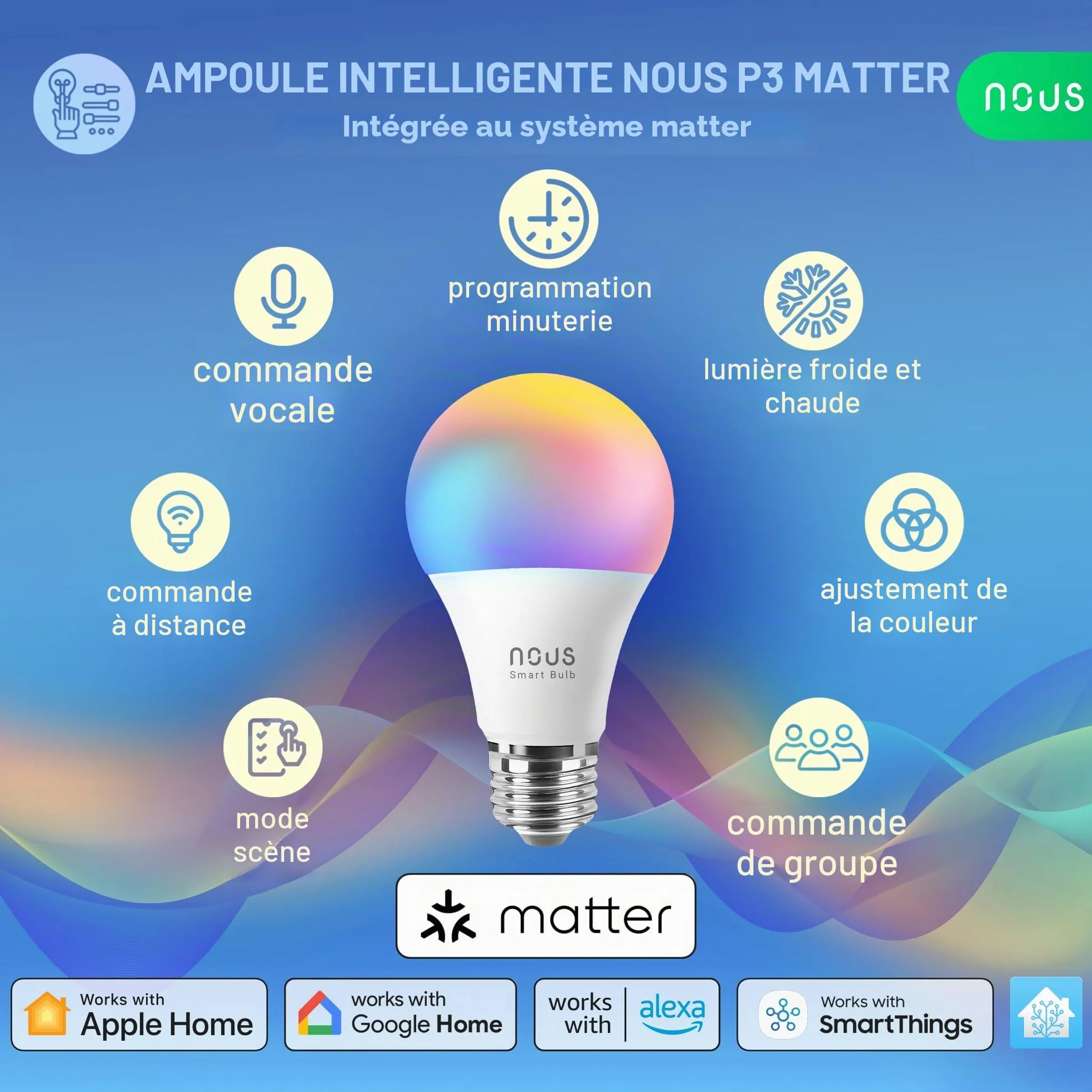 NOUS E27 RGB LED Ampoule Connectée WiFi Dimmable, Compatible Alexa Google Home