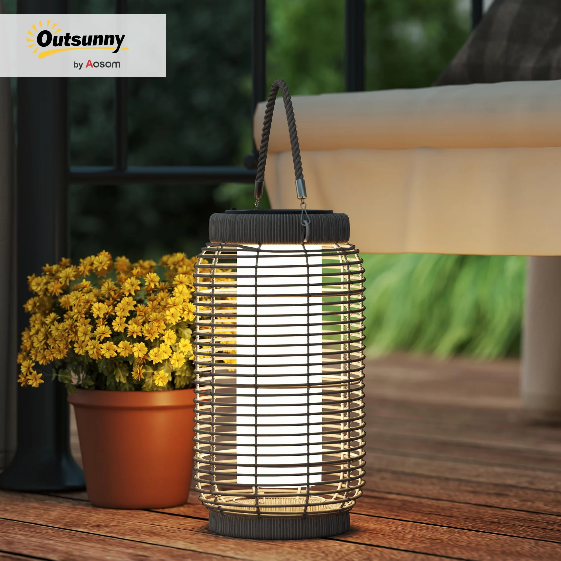 Outsunny Lampadaire d'extérieur solaire LED en résine tressée acier Ø18 x 37 cm gris