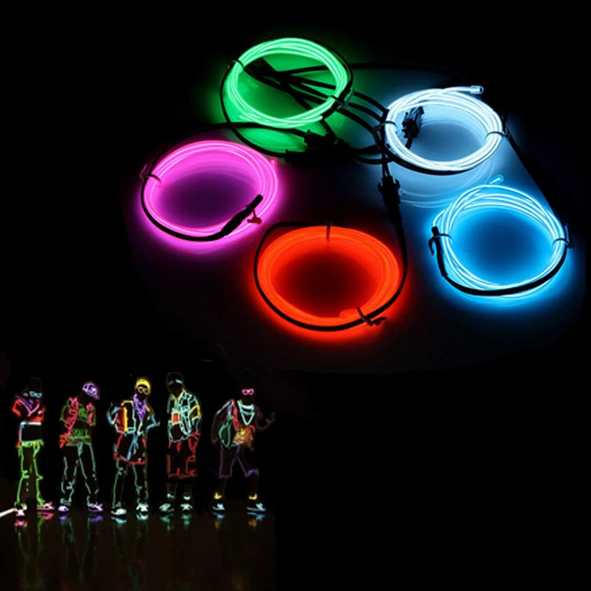 Fil Néon EL Câble Guirlande Lumineuses 3 Mode Éclairage Fix Clignotant Stroboscope 5x1M Tube Fluo El Wire Déco Vêtement Fête (5 Couleurs)