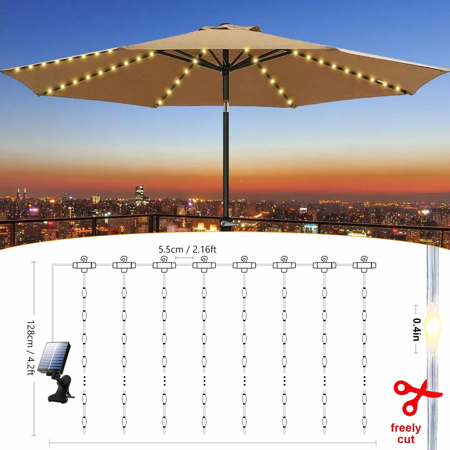 GAOUTO Guirlande lumineuse solaire parasol 104 LED télécommande 8 modes étanche