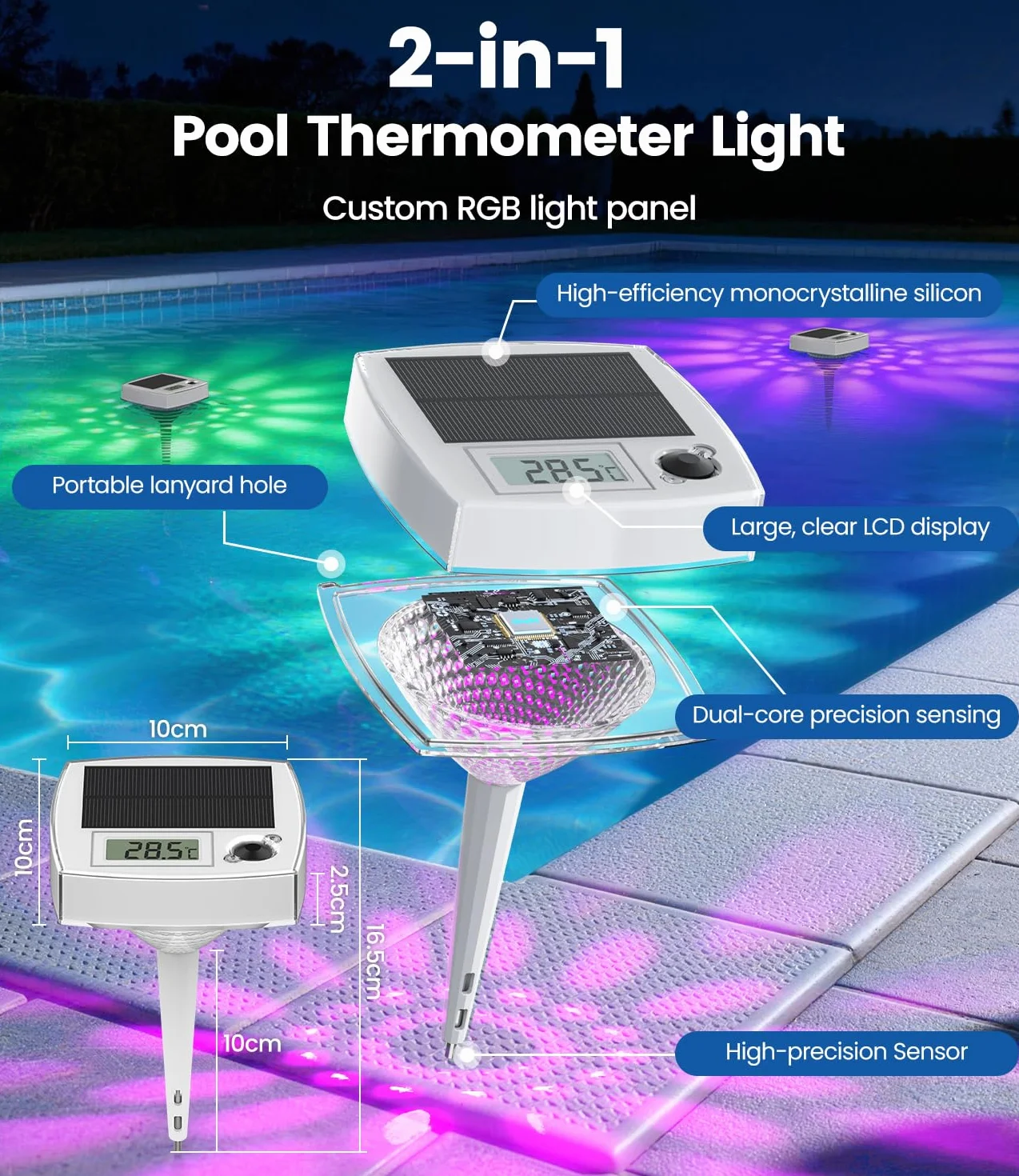 Thermomètre de Piscine Lumineux RGB 2 en 1 Flottant Sans Fil LED 7 Couleurs Écran LCD IP68 Solaire