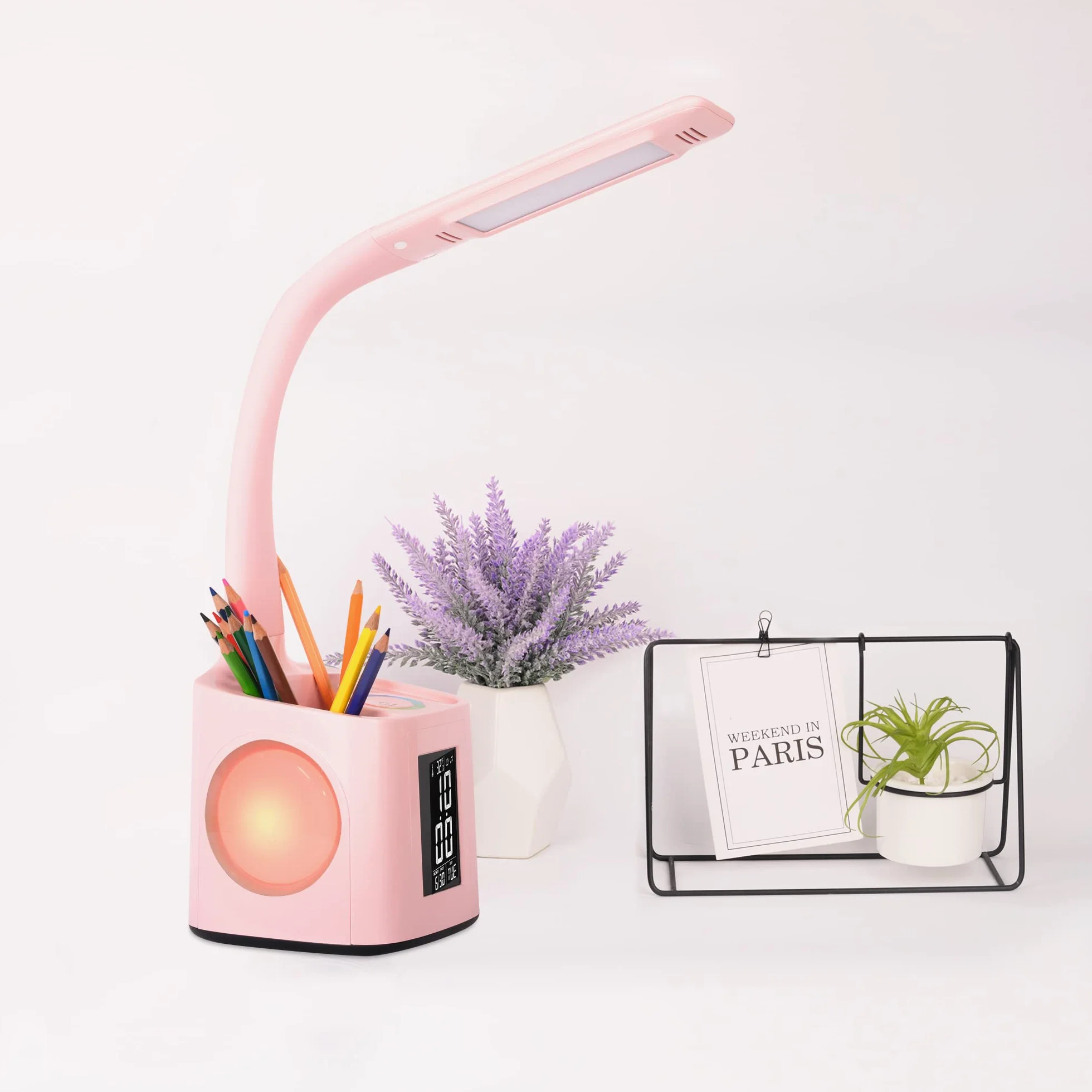 Lampe de Bureau LED Enfant avec Horloge, Réveil, Calendrier, Thermomètre, RGB et Porte-Stylo, Réglable, Protection des Yeux, Rose