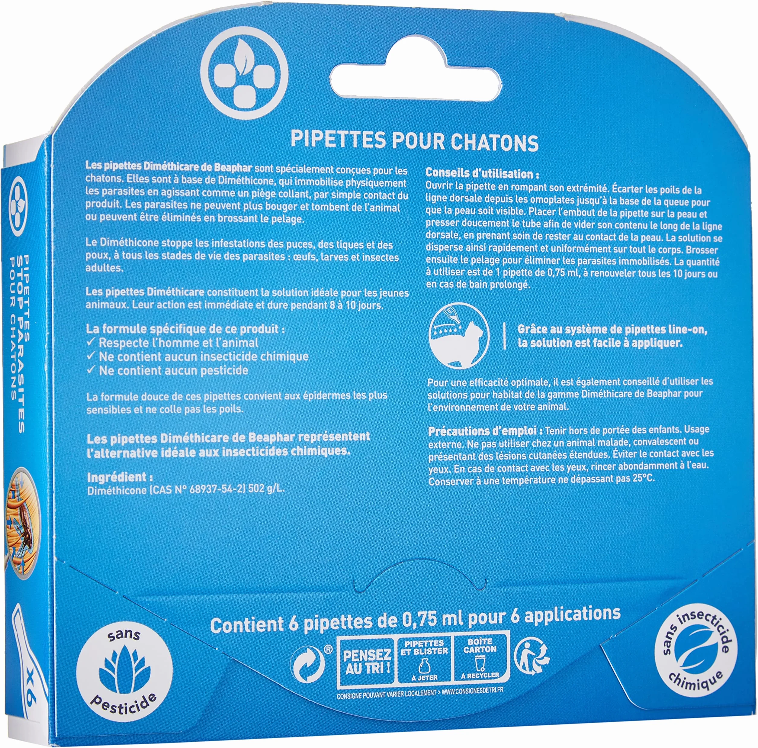 Beaphar DIMÉTHICARE Pipettes Stop parasites Chaton 6 pipettes Contre puces tiques poux sans Pesticide Insecticide Chimique Durée 2 Mois