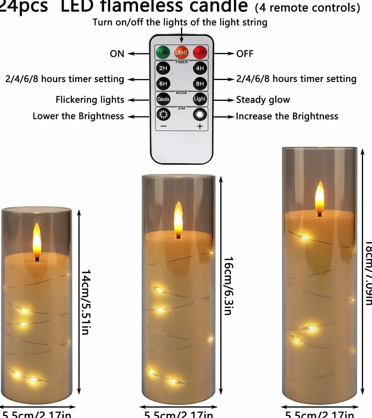LIVEN Lot de 12 bougies piliers LED sans flamme vacillante avec mèche réaliste D 2,2 x H 12,7-17,8 cm Gris