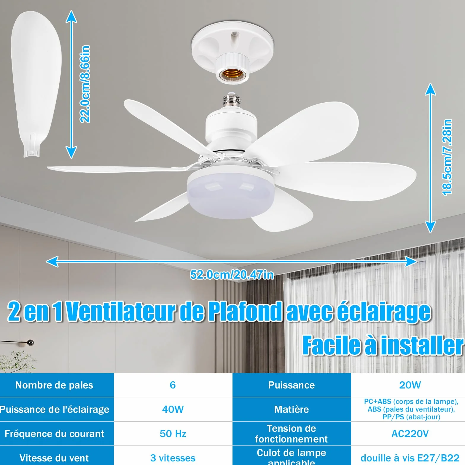 BuzzoXerex Ventilateur de Plafond avec Lumière et Télécommande 52CM 40W Dimmable LED E27 6 Pales 3 Vitesses