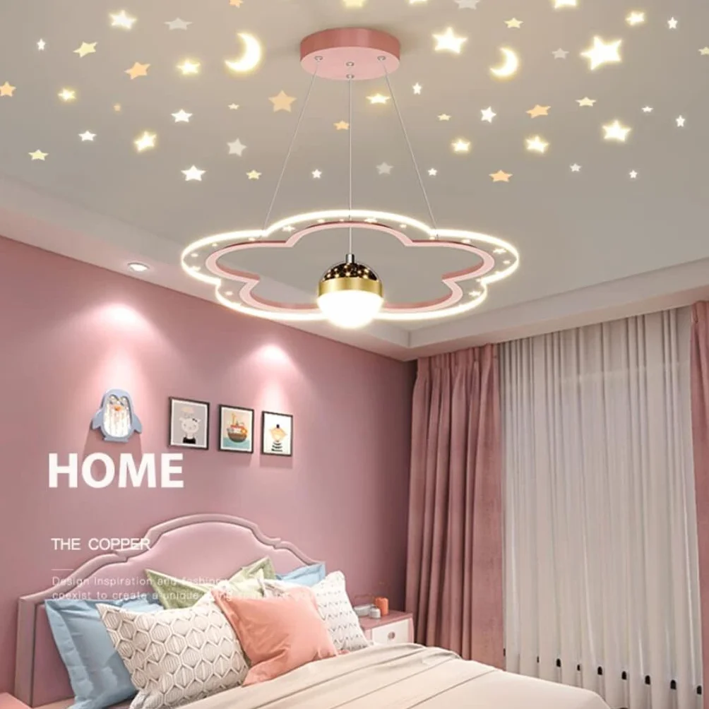 Lustre LED Ciel Étoilé Fleur Design Dimmable Rose 40cm Chambre Enfant
