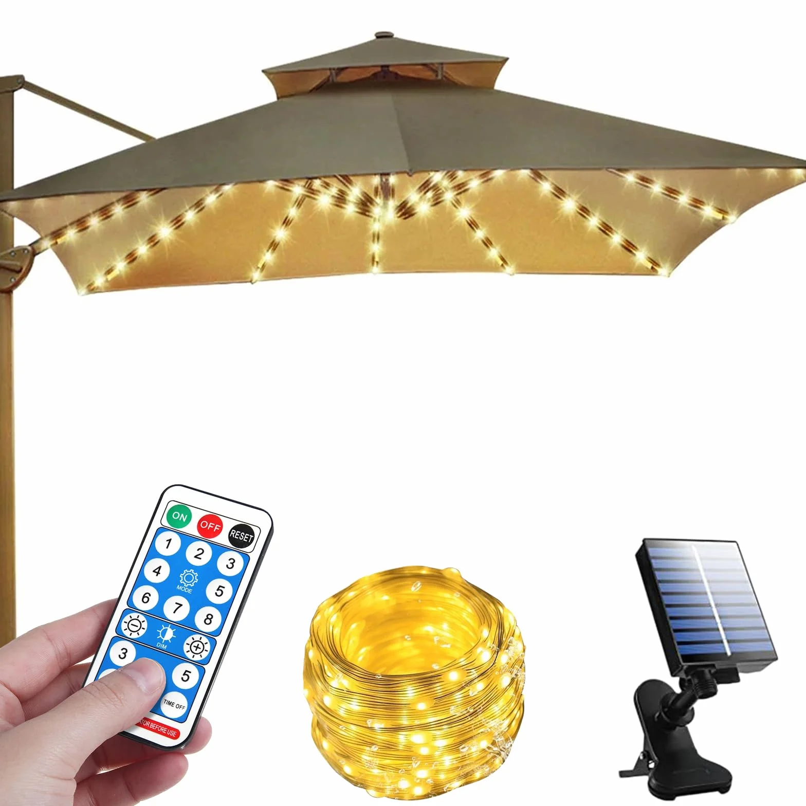 GAOUTO Guirlande lumineuse solaire parasol 104 LED télécommande 8 modes étanche