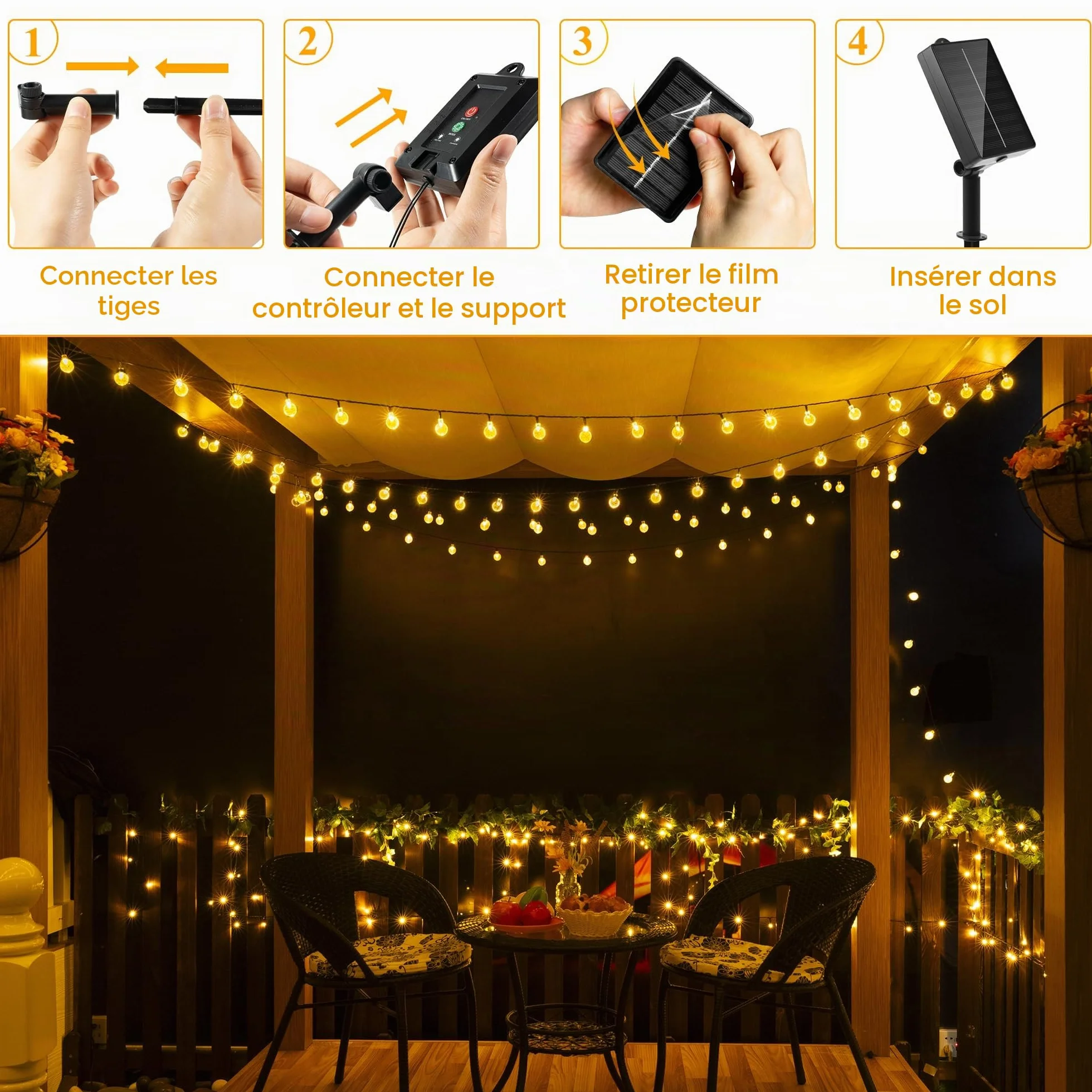 Ollny Guirlande lumineuse solaire d'extérieur 5 m 30 LED étanche IP65 8 modes blanc chaud