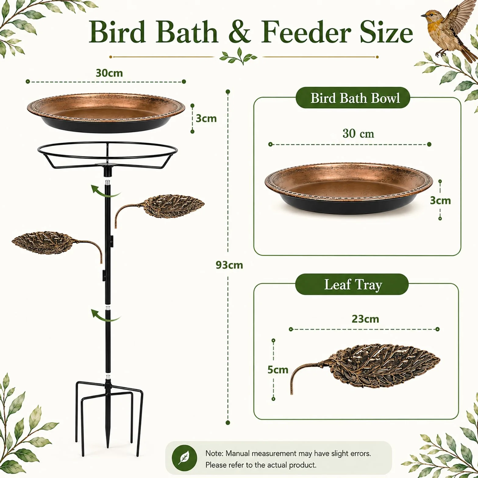 Bain d’Oiseaux en Métal sur Pied Vintage 2 en 1 Mangeoire Abreuvoir pour Jardin Extérieur Cuivre