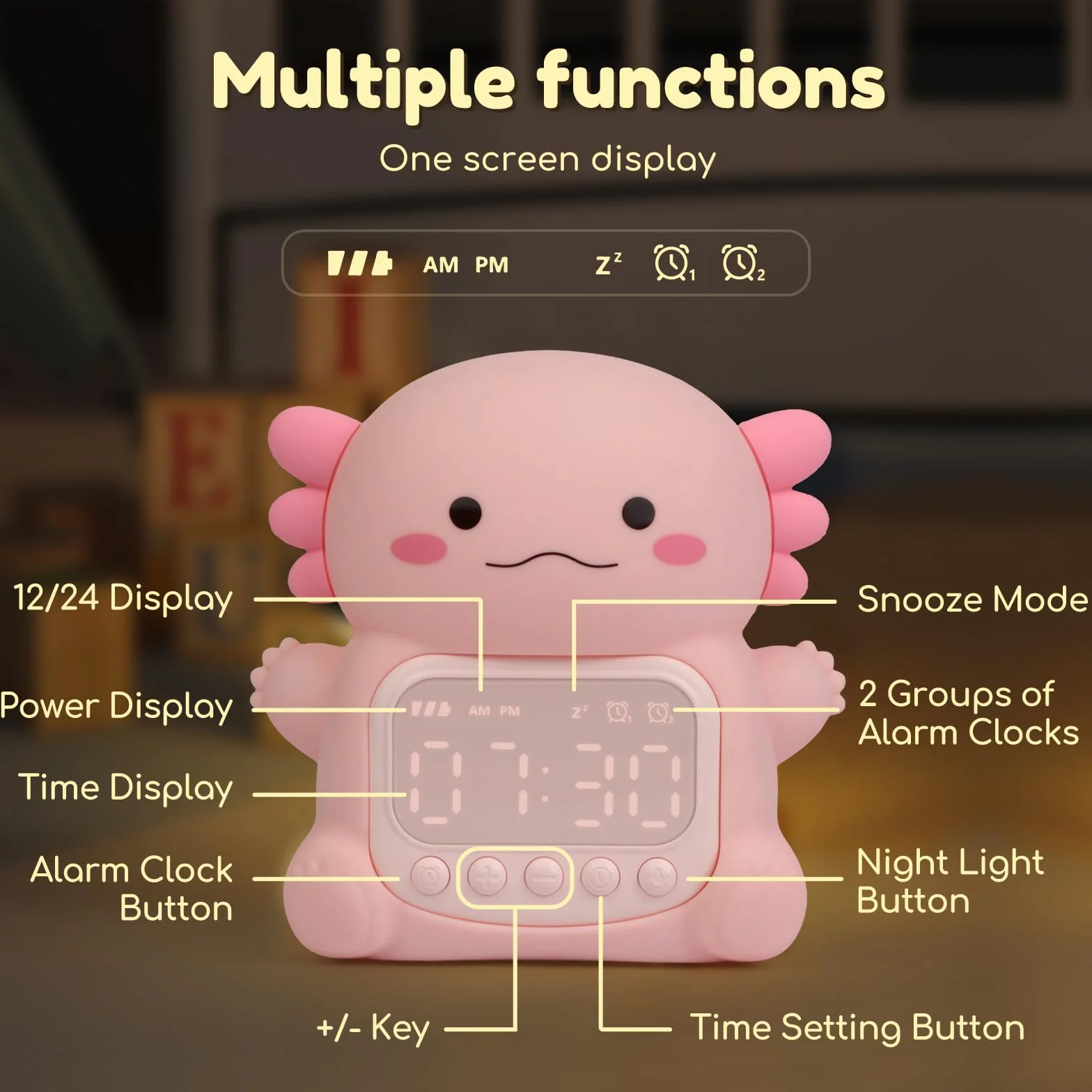 Réveil Axolotl avec veilleuse 7 couleurs RVB lampe de table en silicone pour enfants