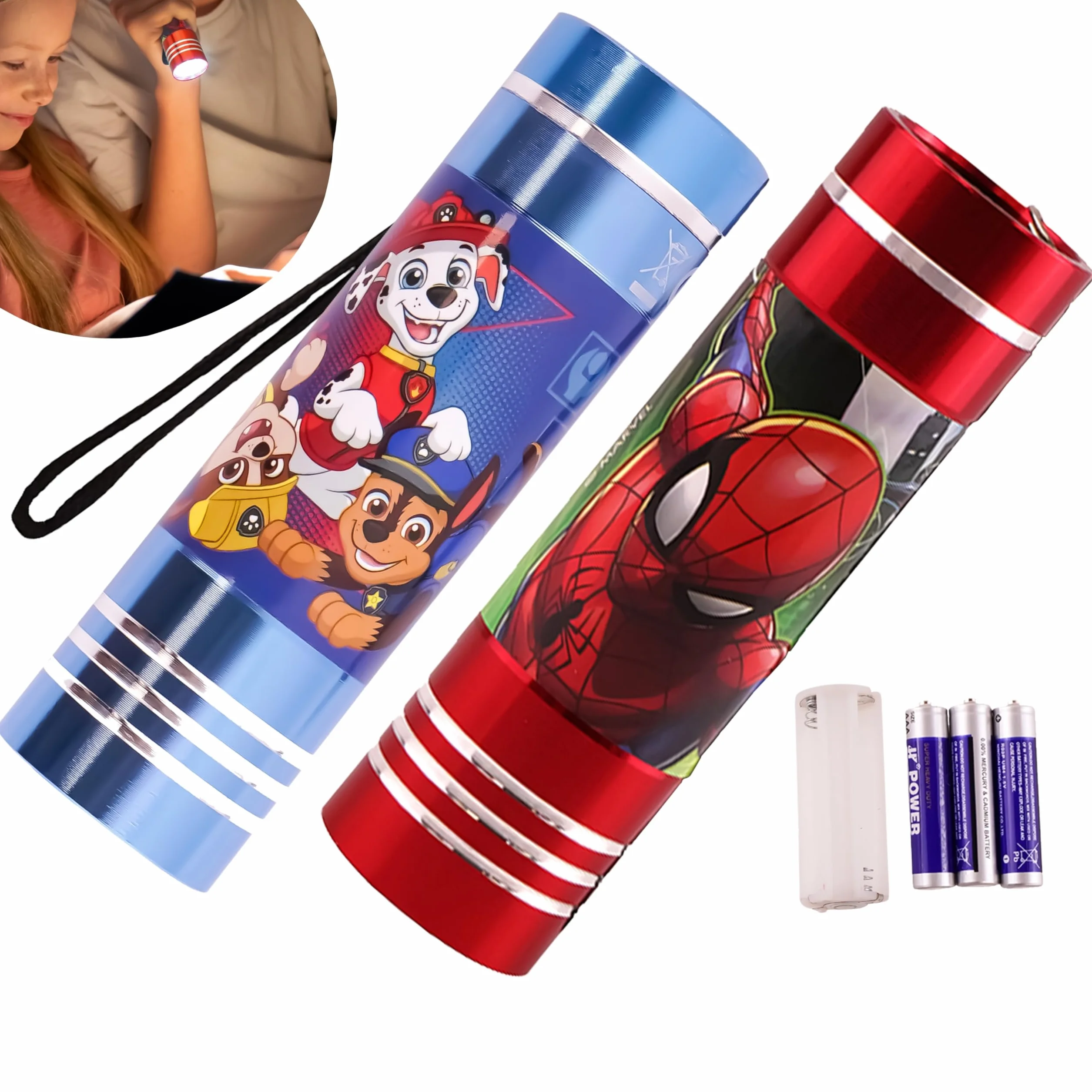 Lampe de poche Spiderman LED aluminium 8,7 cm pour enfants veilleuse Paw Patrol avec lanière