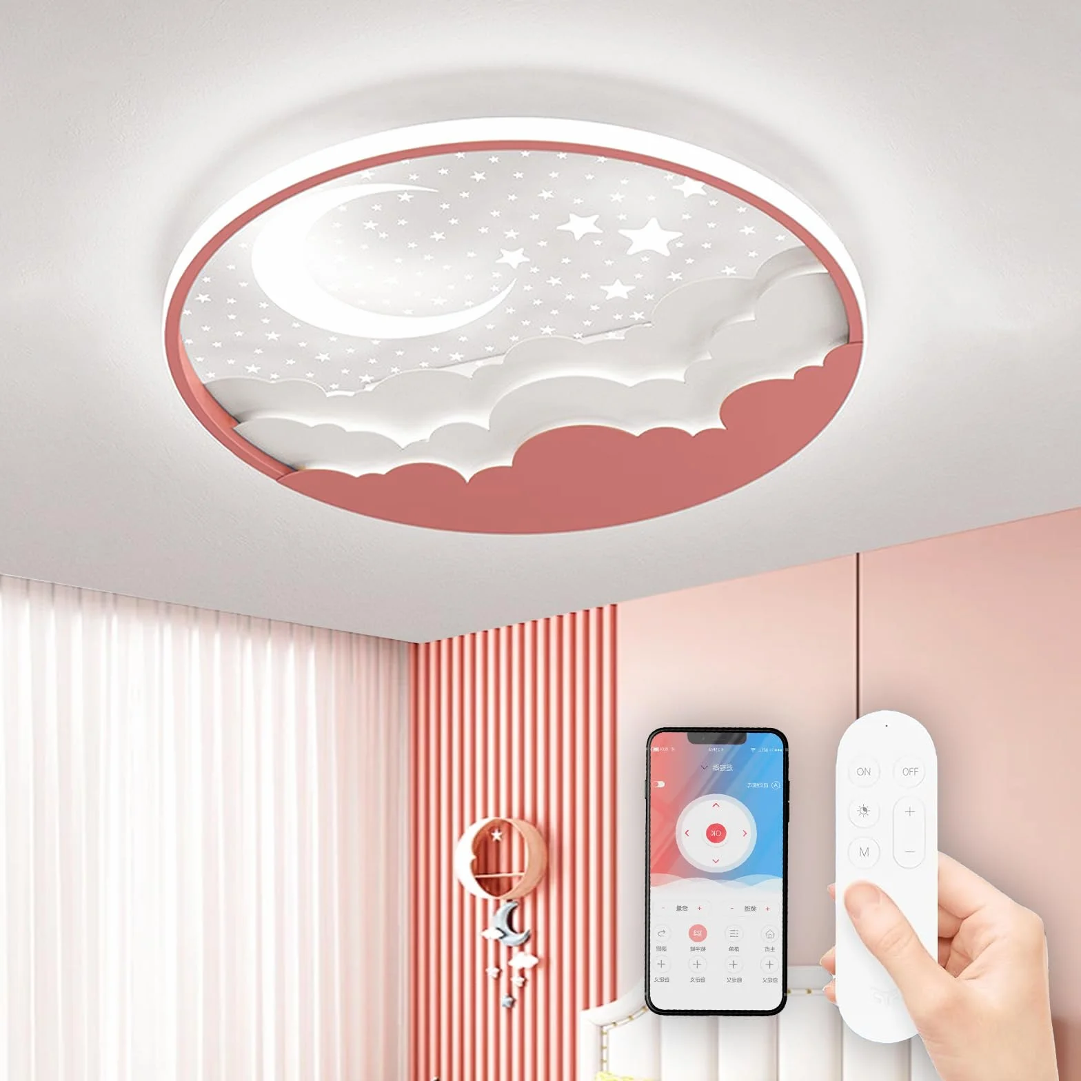 Plafonnier LED Enfants Étoile Lune 40cm Dimmable avec Télécommande 3000-6000K Rose