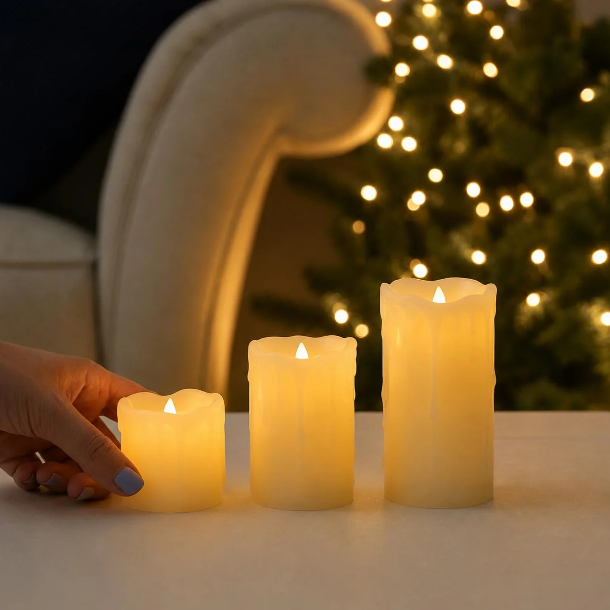 Festive Lights Lot de 3 Bougies LED Effet Flamme Vacillante Cire Effet Fondu Pilier