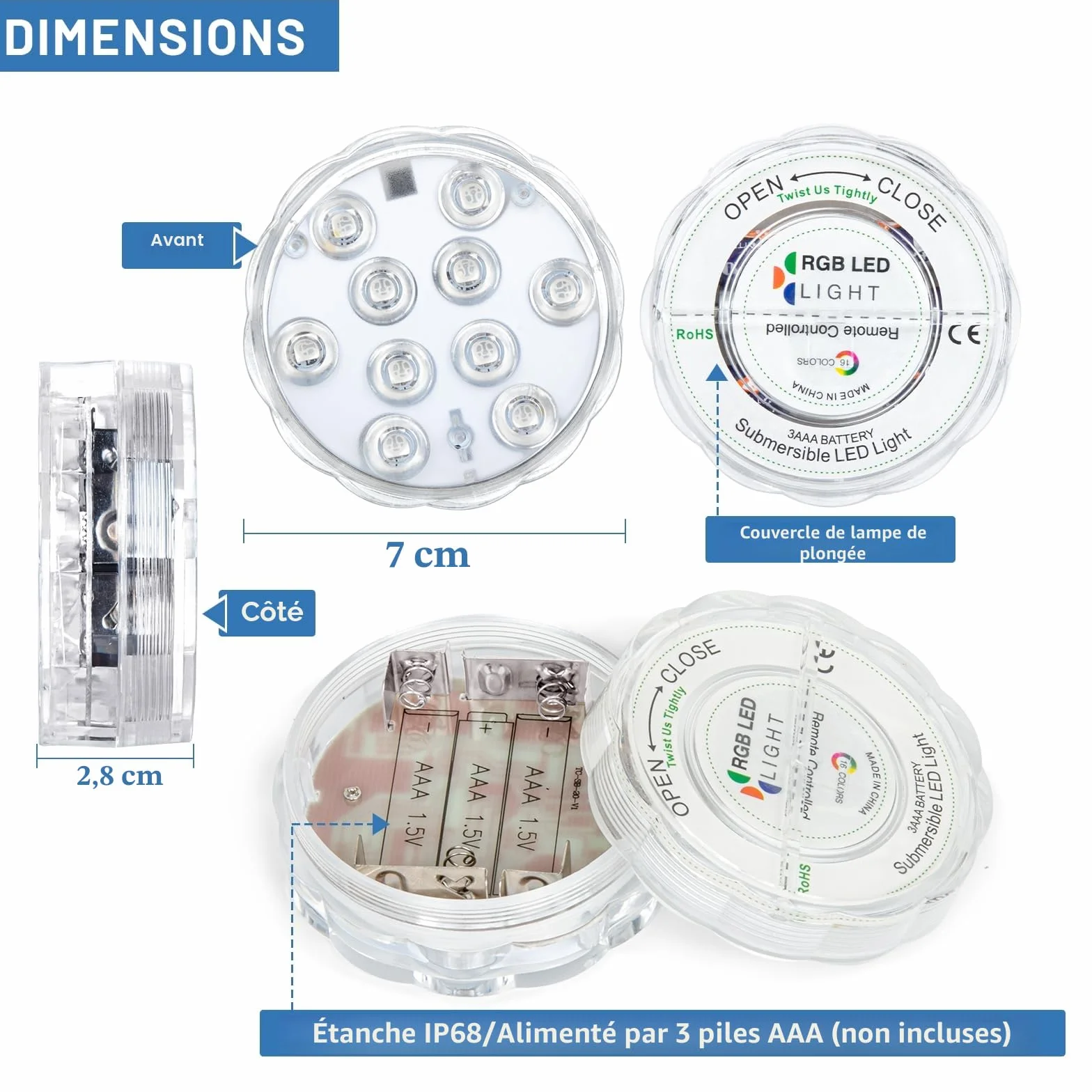 Lumières submersibles LED RGB étanches avec télécommande et batterie pour piscine spa aquarium